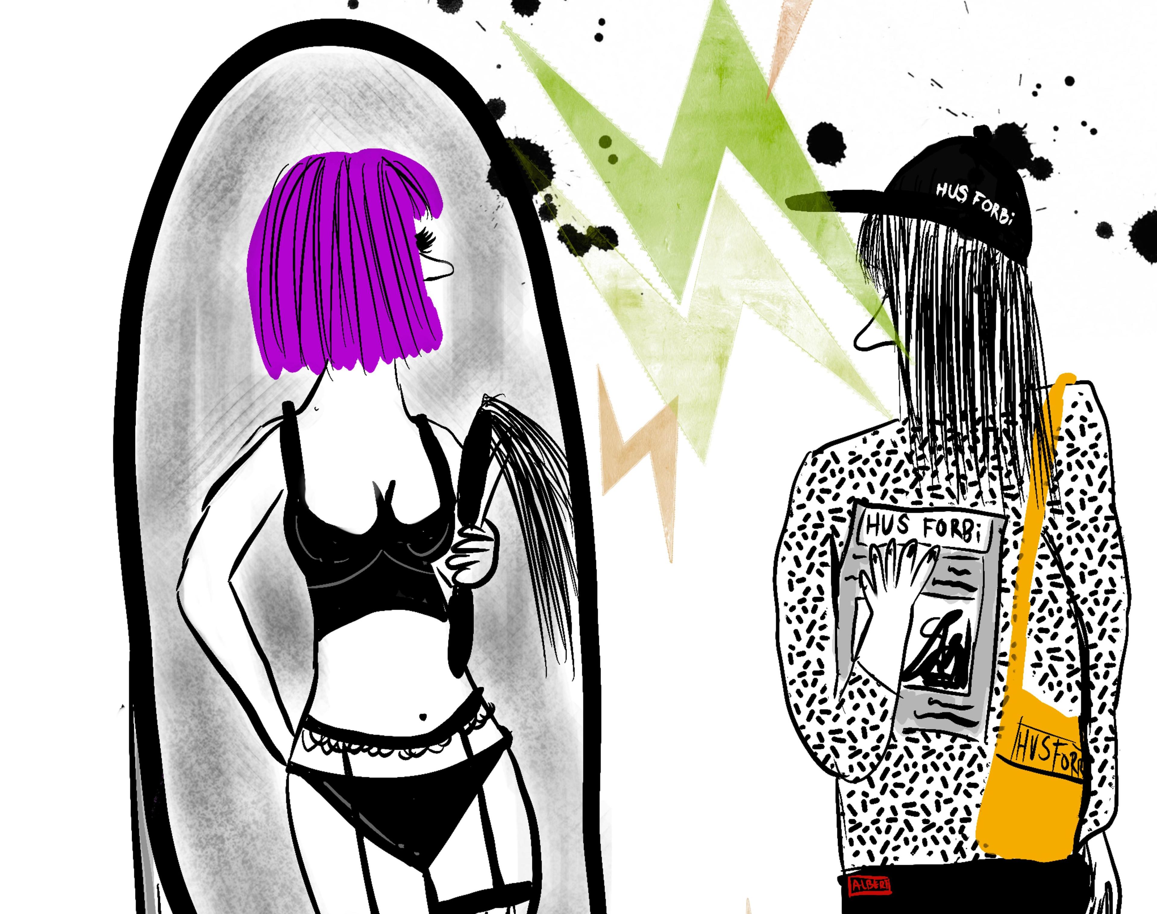 An illustration depicts a Hus Forbi vendor holding the magazine looking into a mirror. Their reflection is a purple-haired, lingerie-clad sex worker.