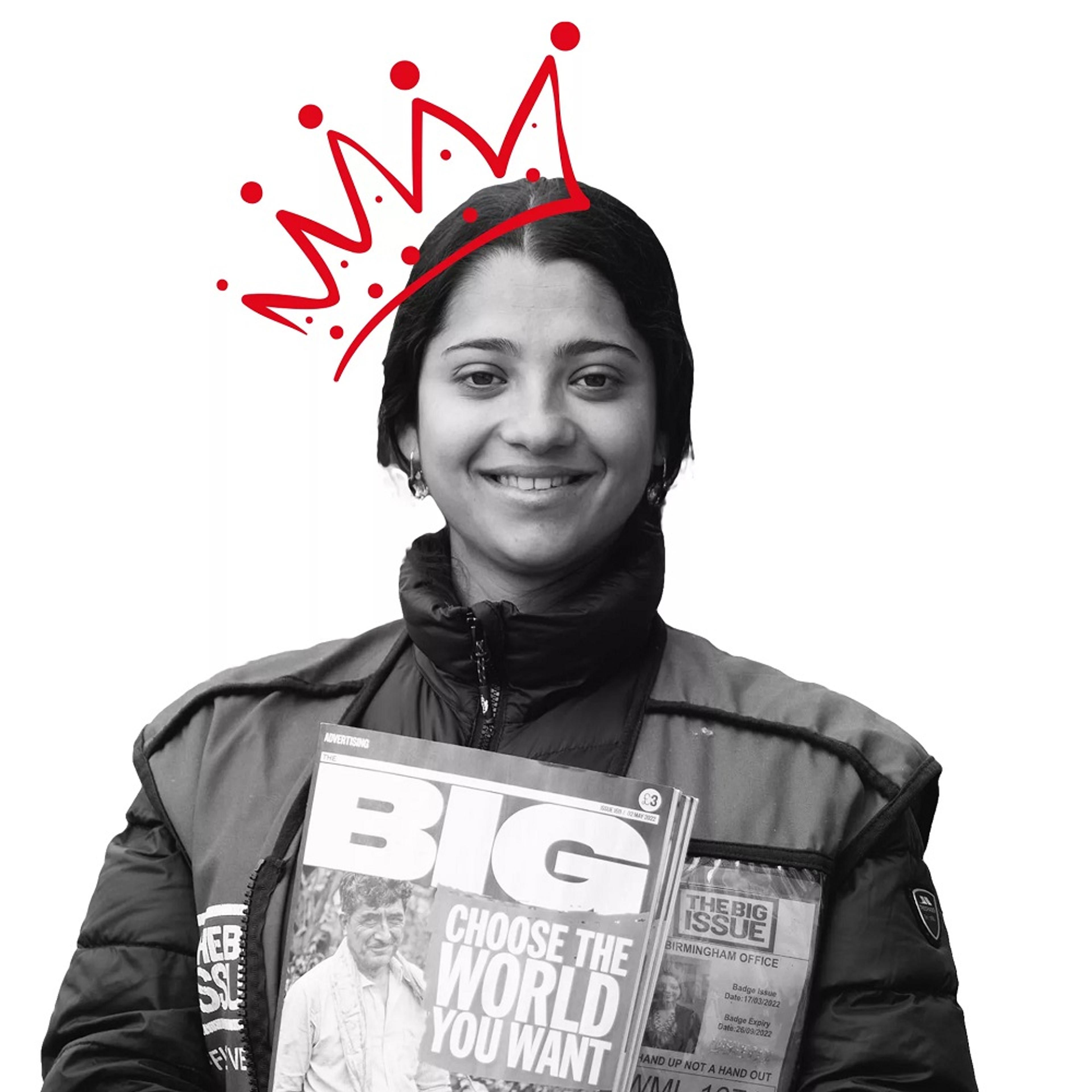 Black and white image of woman holding Big Issue magazine