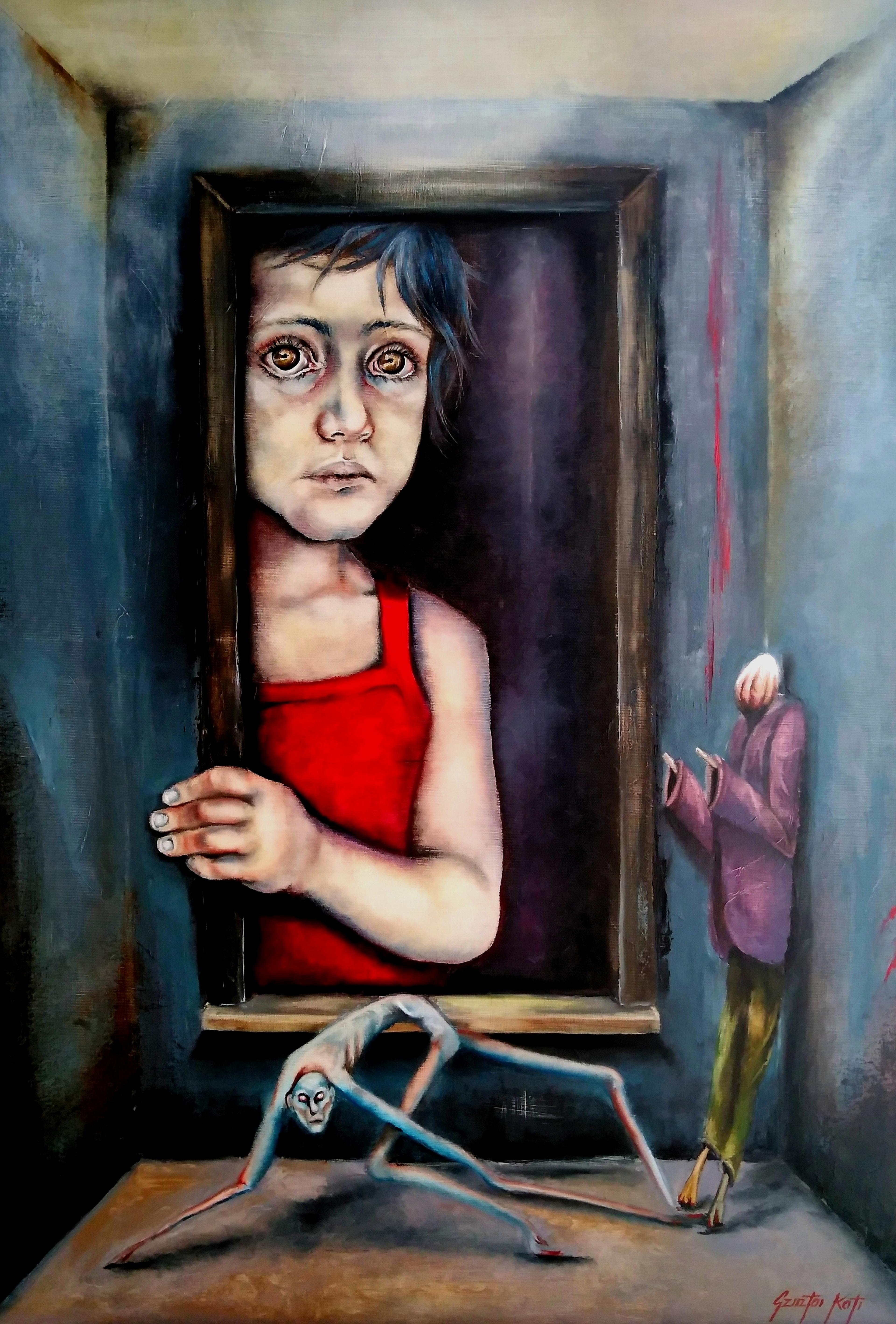 A surreal painting of a girl looking through a picture frame with skeletal figures on the other side.