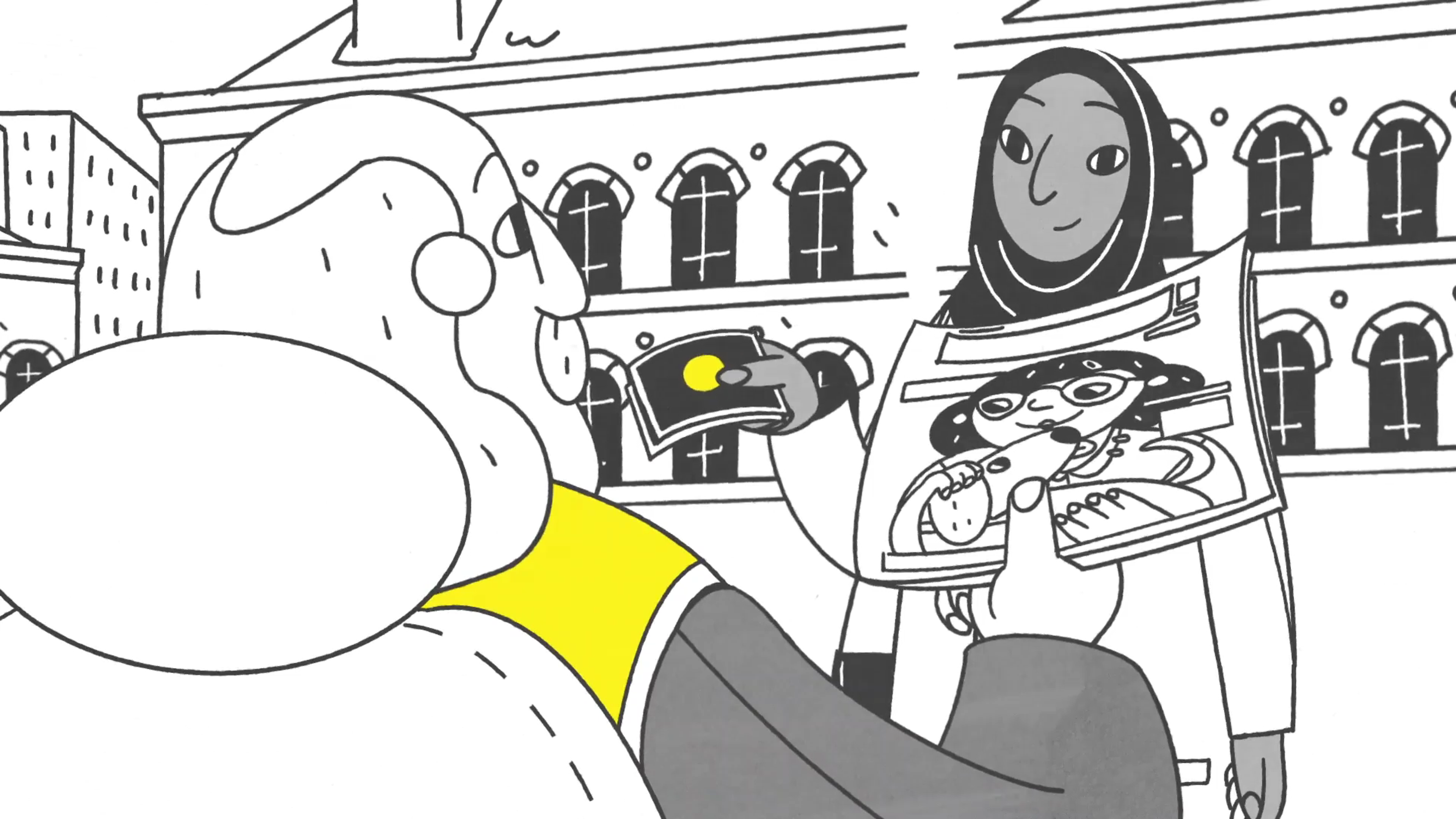 Animation of woman buying a street paper from a man