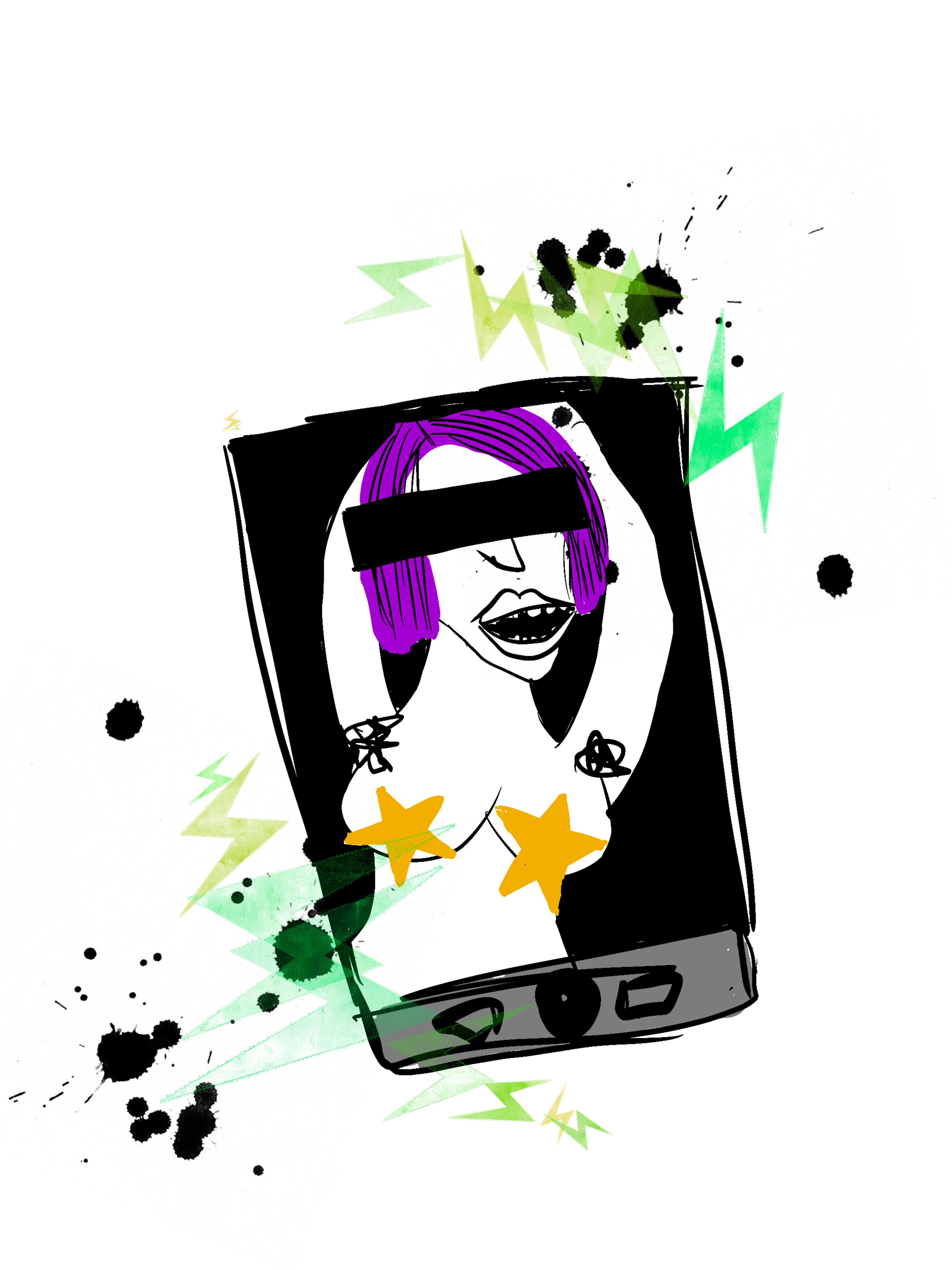 An illustration depicts a phone ad for a sex worker with their eyes and breasts censored out,