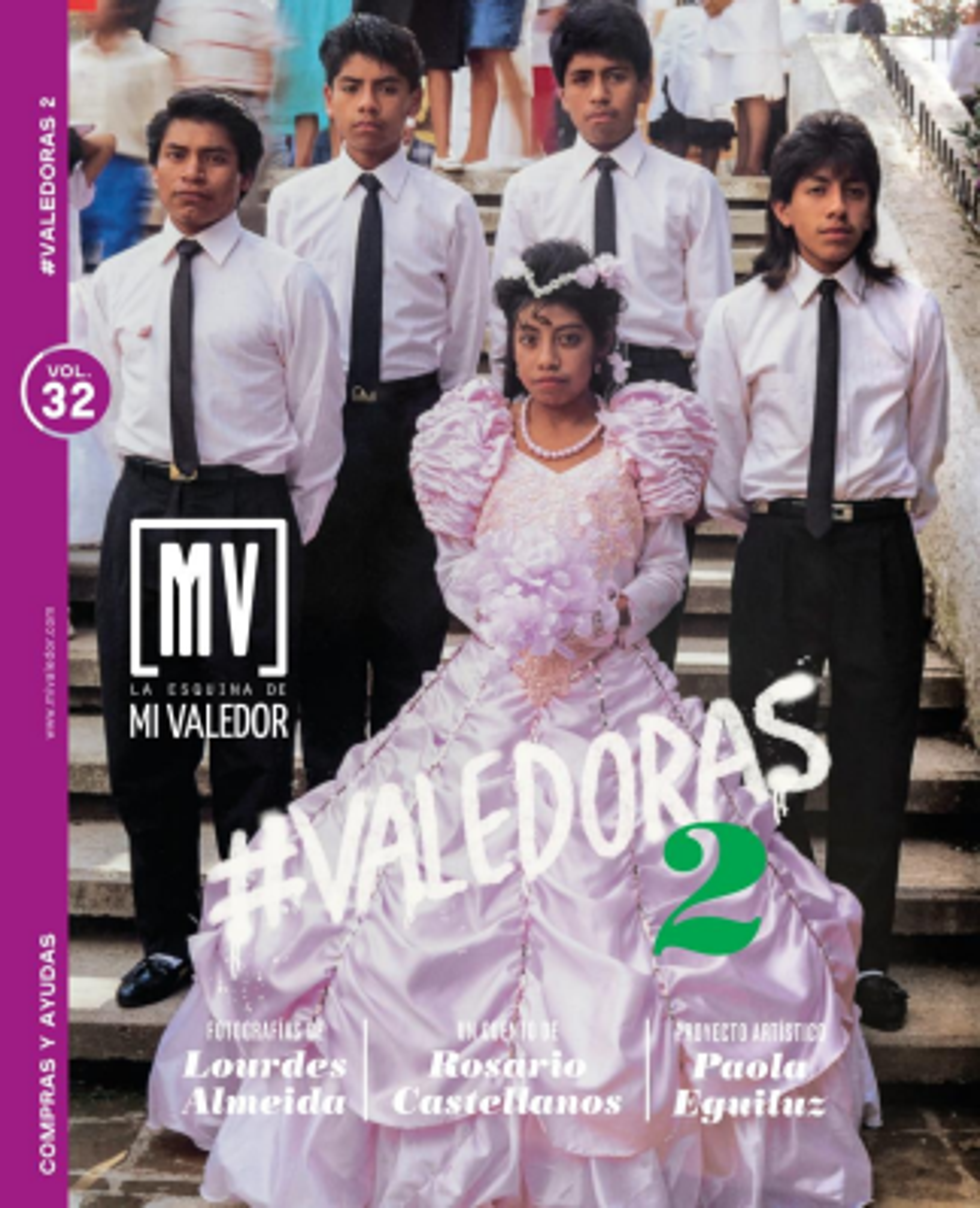 girl in pale pink gown surrounded by boys in shirts and ties