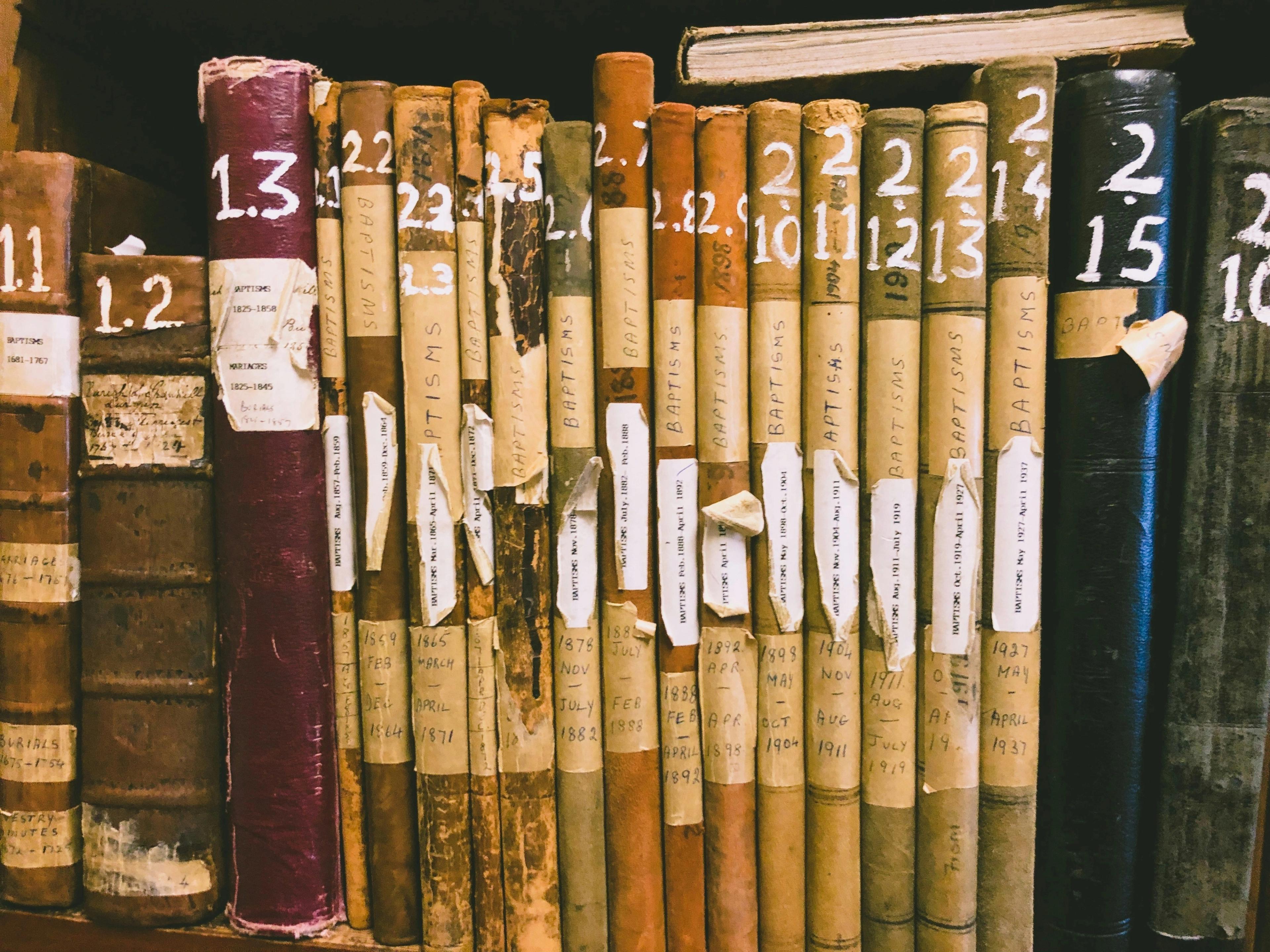 Library books with broken spines