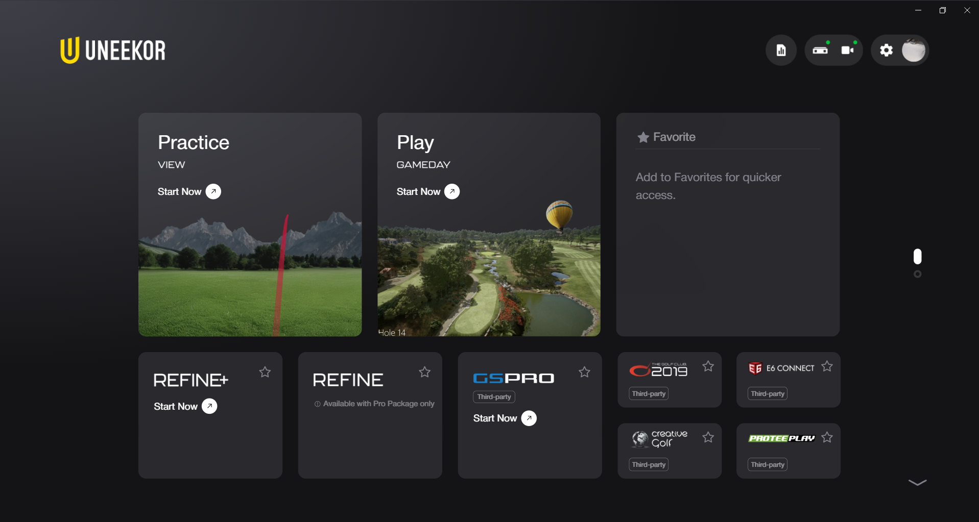 UNEKOR golf simulator software interface with options for practice, play, and third-party golf applications.