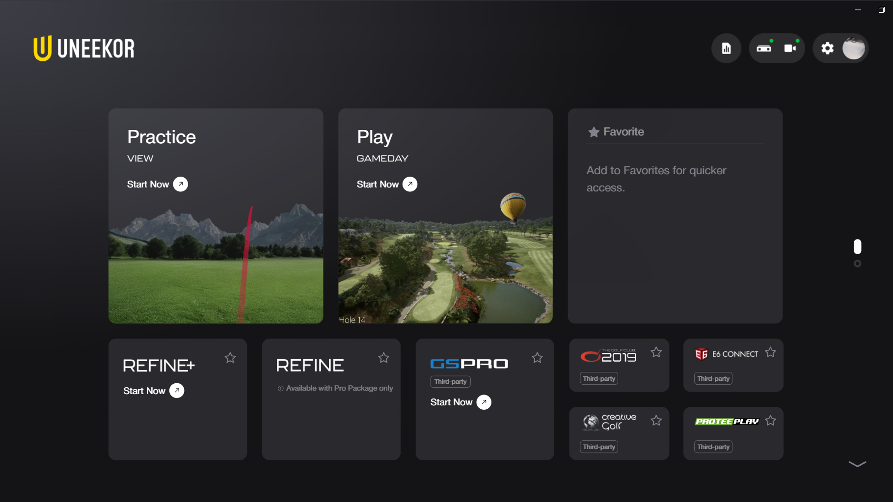 UNEKOR golf simulator software interface with options for practice, play, and third-party golf applications.