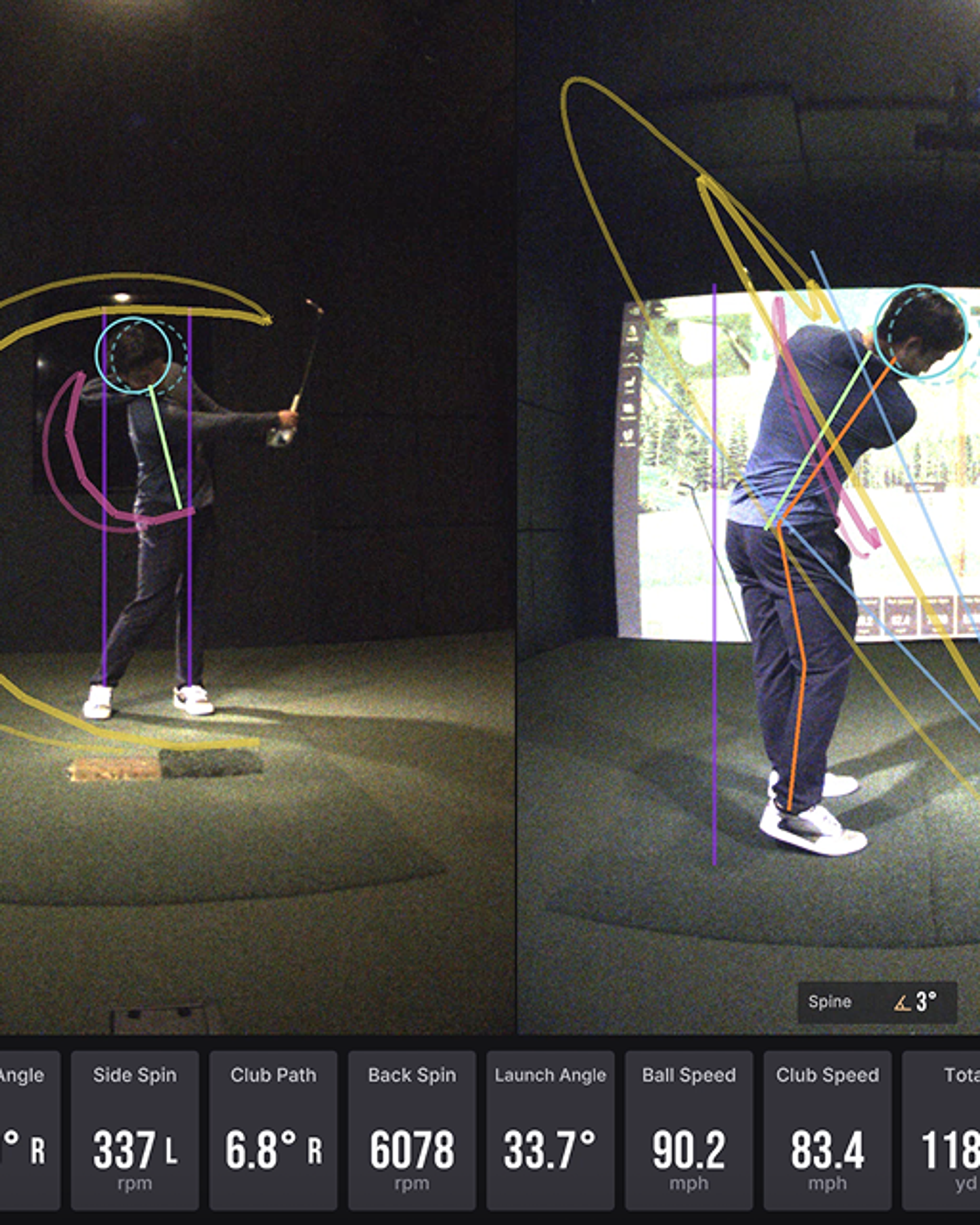 Golf swing analysis in a simulator, showing a golfer with overlaid tracking lines and shot performance data.