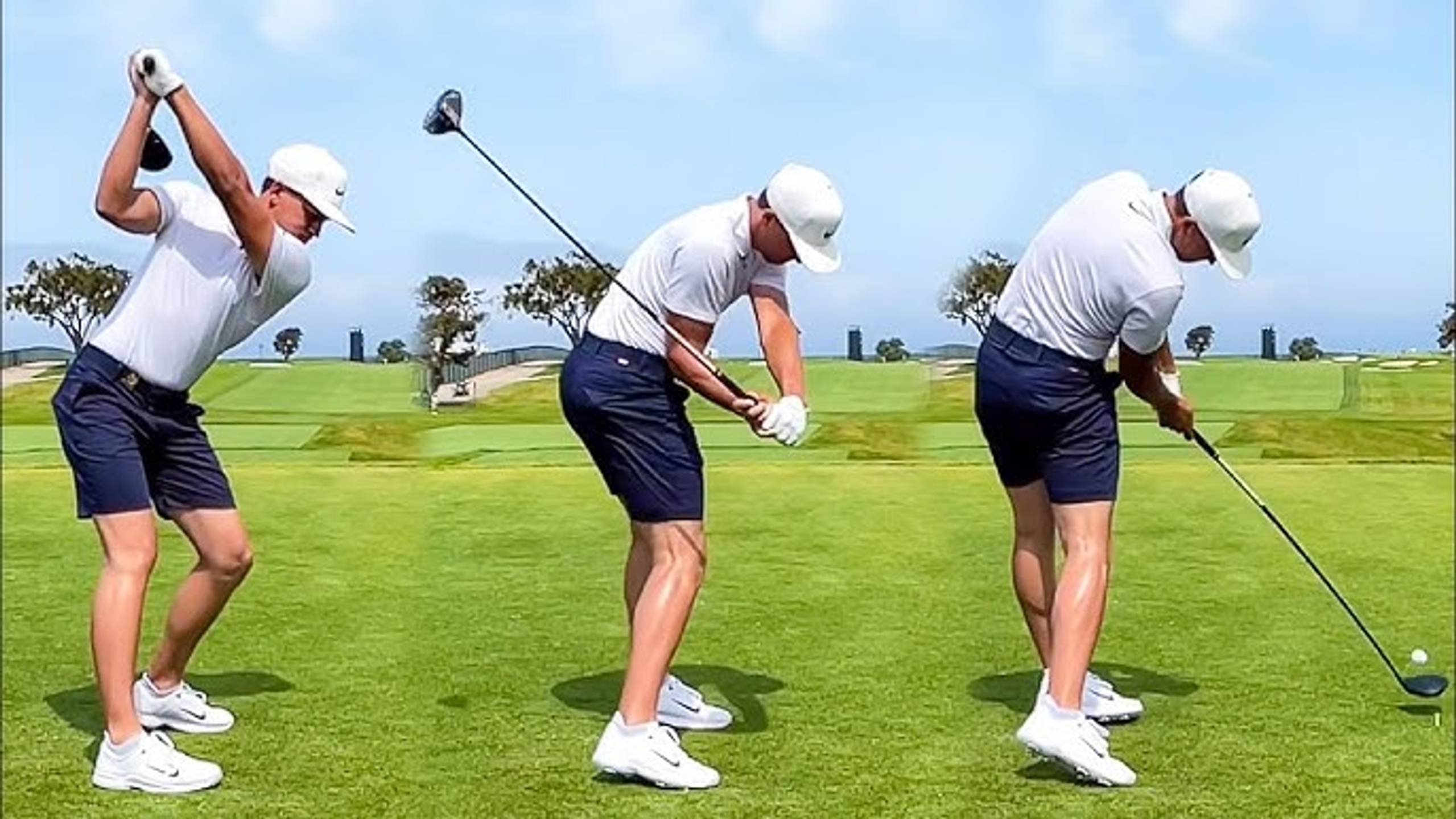 Drei aufeinanderfolgende Bilder zeigen den Rückschwung, den Abschwung und den Treffmoment eines Golfers bei einem Golfschlag auf einem Golfplatz.