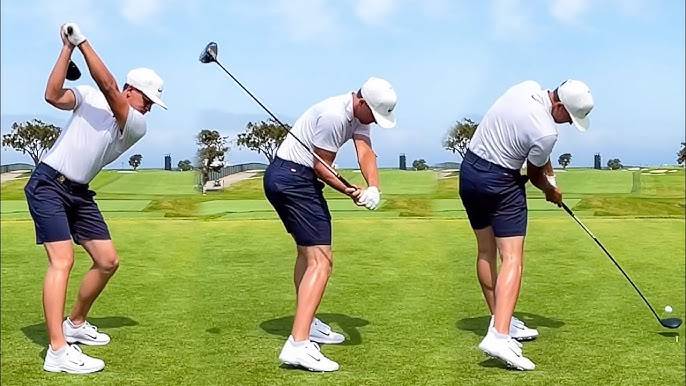 Drei aufeinanderfolgende Bilder zeigen den Rückschwung, den Abschwung und den Treffmoment eines Golfers bei einem Golfschlag auf einem Golfplatz.