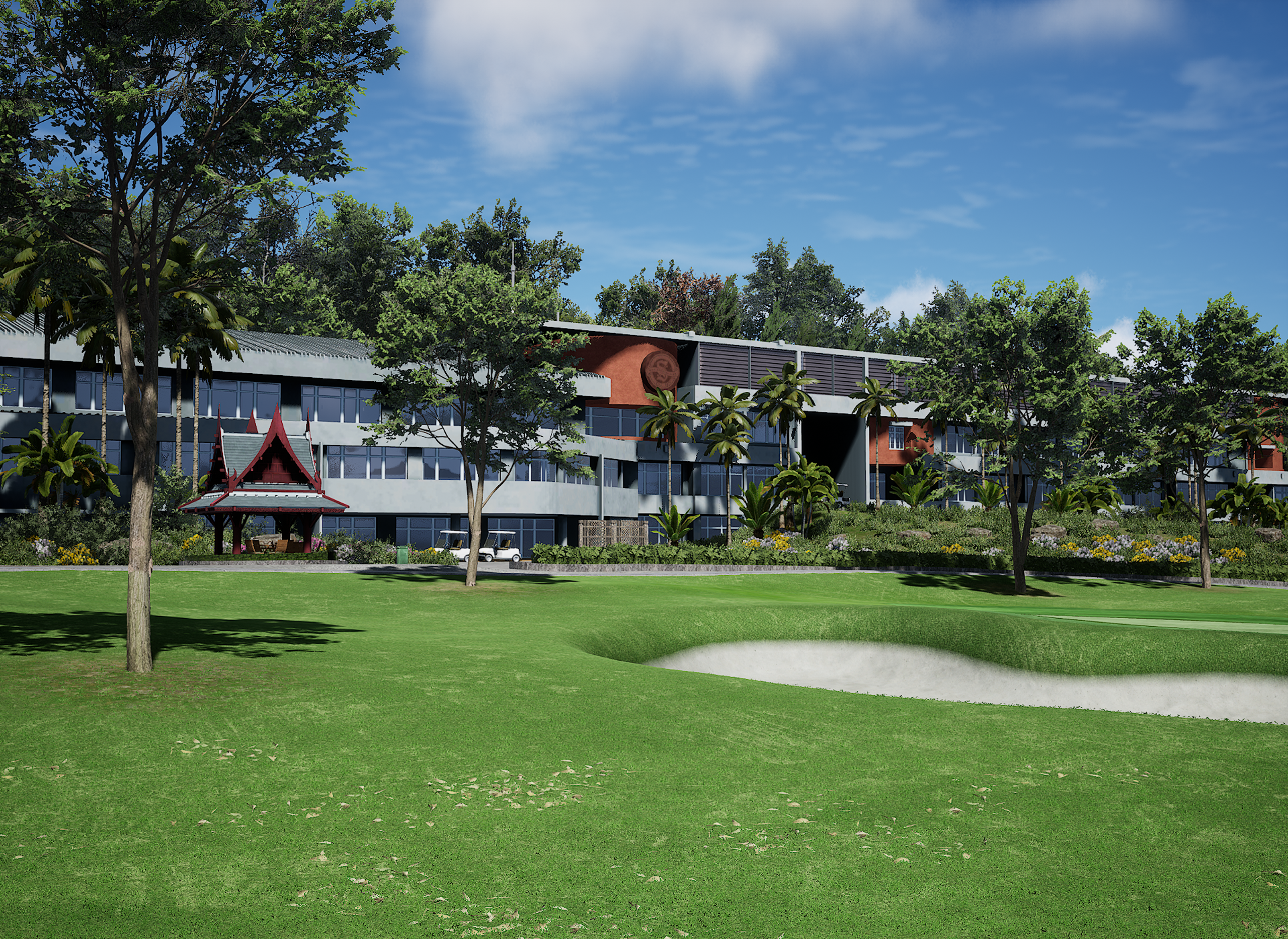 Siam Old Course with a sand bunker in front of a resort building featuring a traditional Thai pavilion and lush trees.