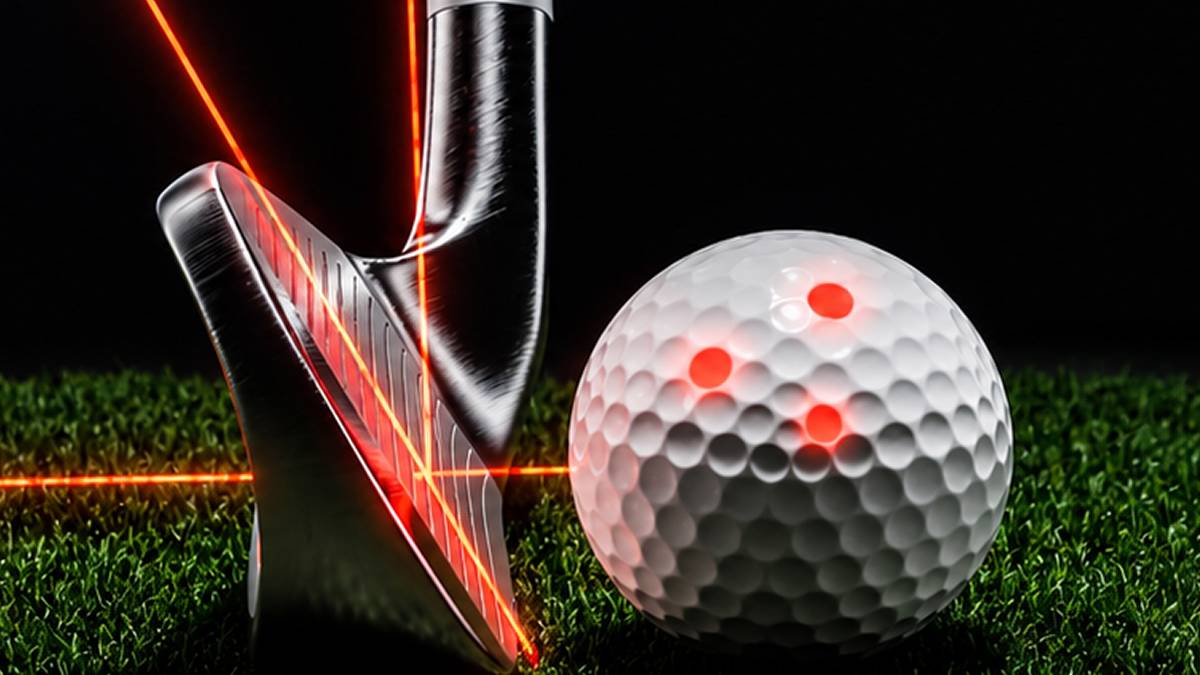 Golf club head and ball on grass, with red laser lines on the club and glowing dots on the ball.