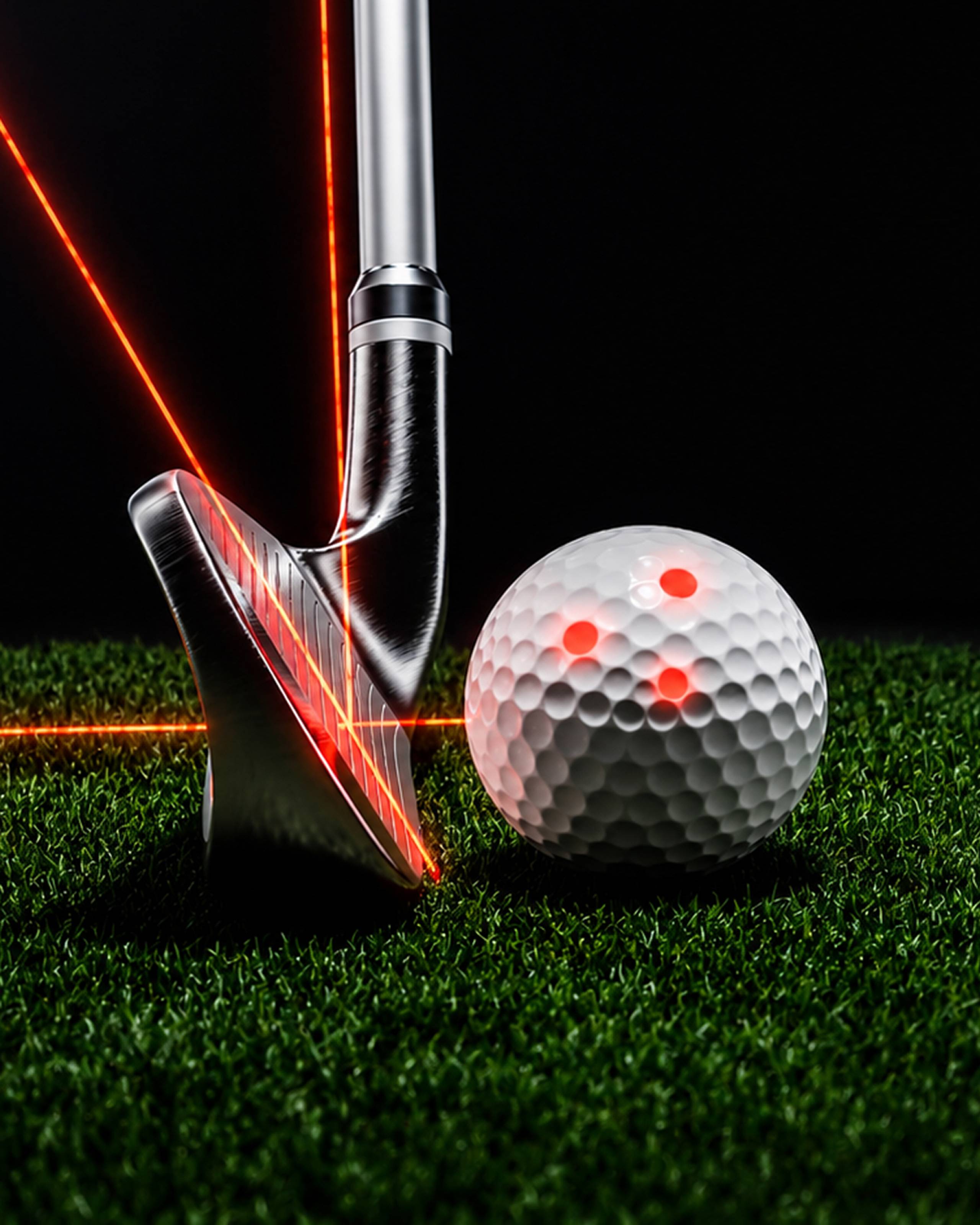 A golf club iron and ball on grass, with red laser lines across the club face and red glowing dots on the ball.