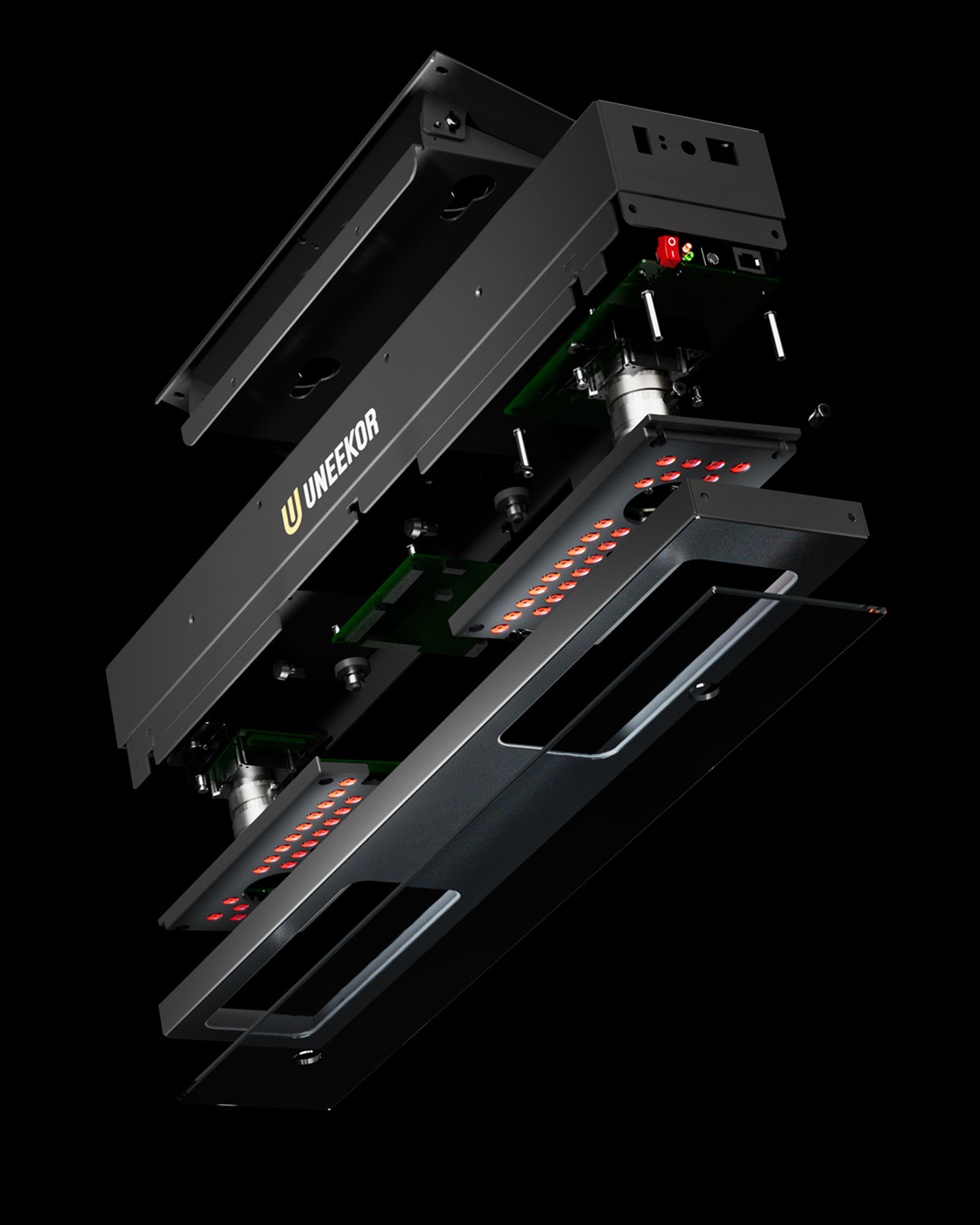 Exploded view of a black UNEEKOR device showing its internal layers, circuit boards, and rows of red lights.