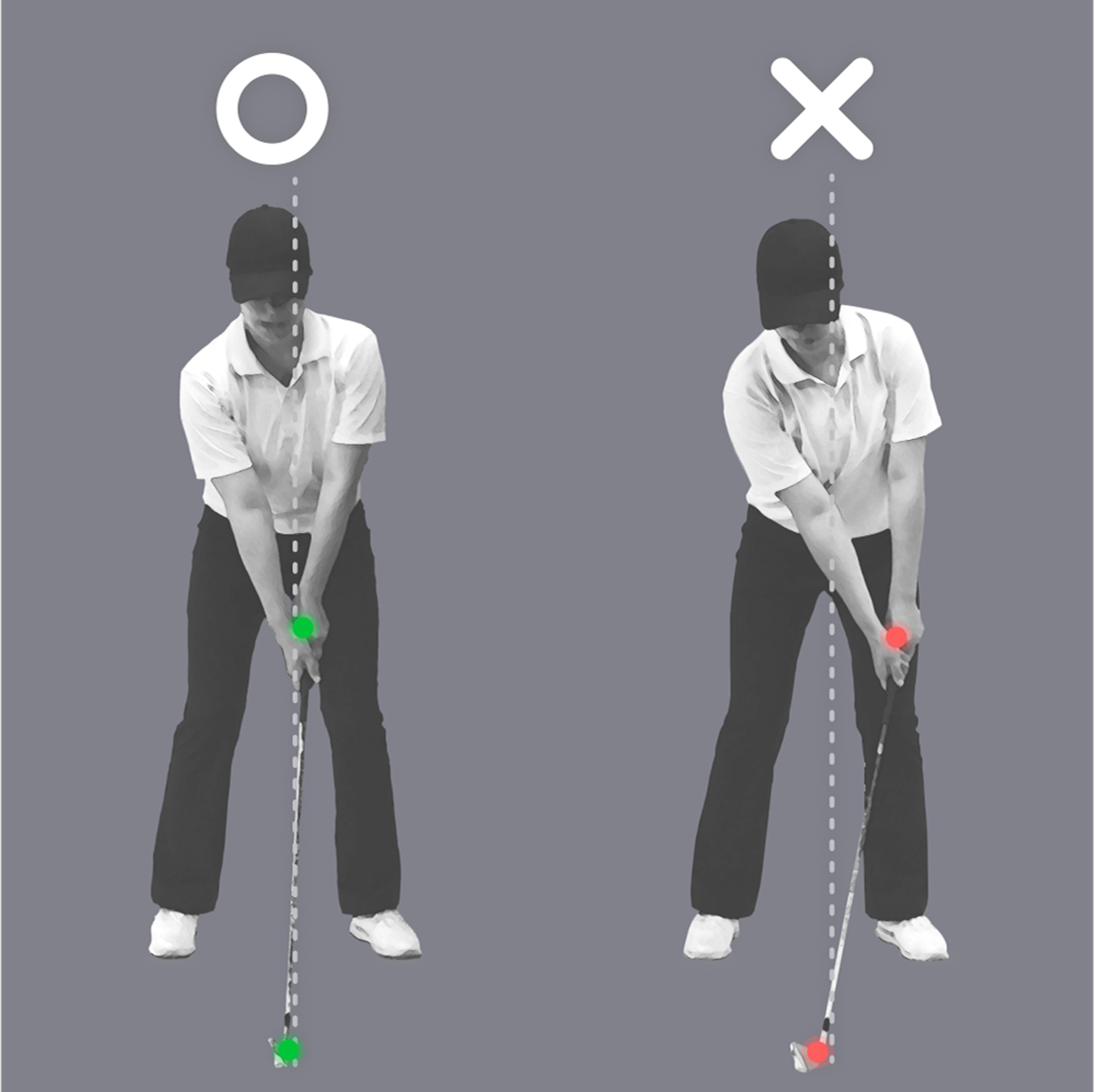Instructional image showing a correct golf swing posture with straight vertical alignment (green marks) versus an incorrect, misaligned posture (red marks).