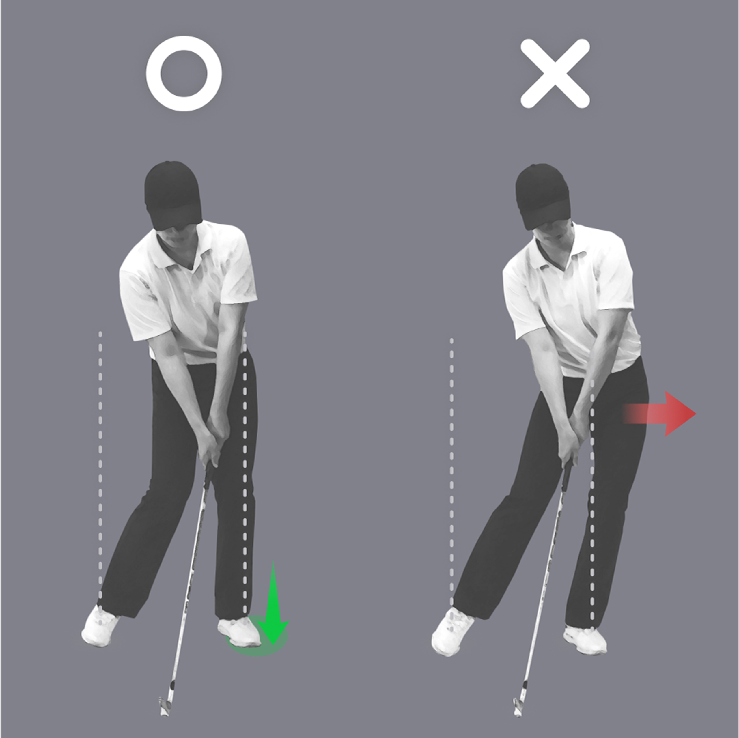 Correct (left) and incorrect (right) golf swing postures, illustrating proper balance versus an improper lean to the right.
