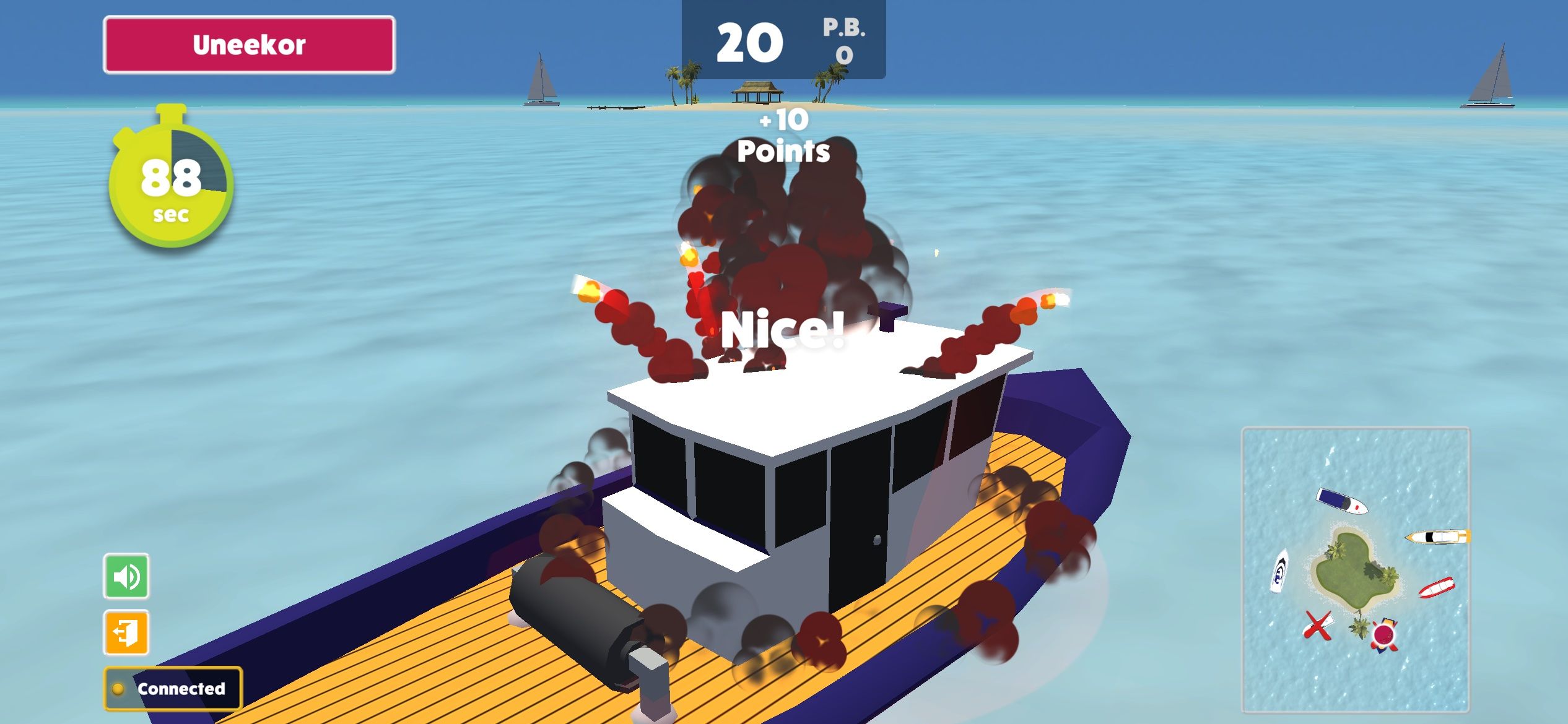 Screenshot of a video game showing a blue and yellow boat exploding in the water, with "Nice!" and "+10 Points" text, a timer, score, and a minimap.
