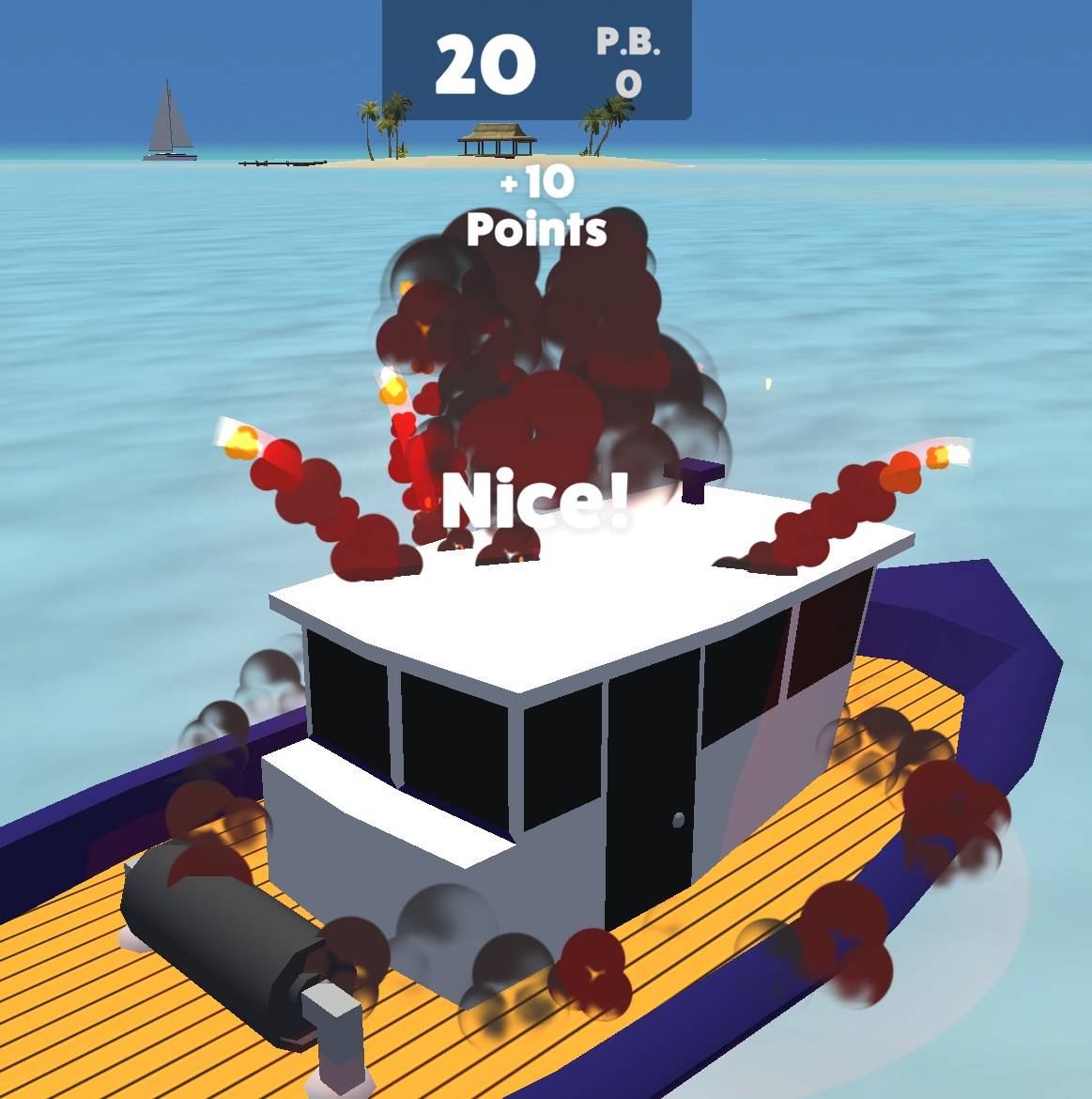 Screenshot of a video game showing a blue and yellow boat exploding in the water, with "Nice!" and "+10 Points" text, a timer, score, and a minimap.