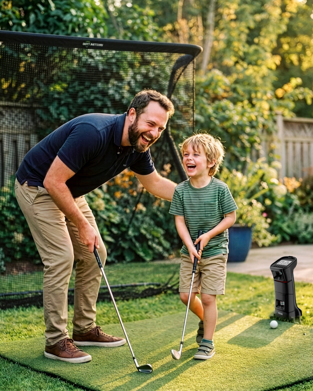 A man and boy laugh while golfing in a backyard with a golf net and launch monitor.