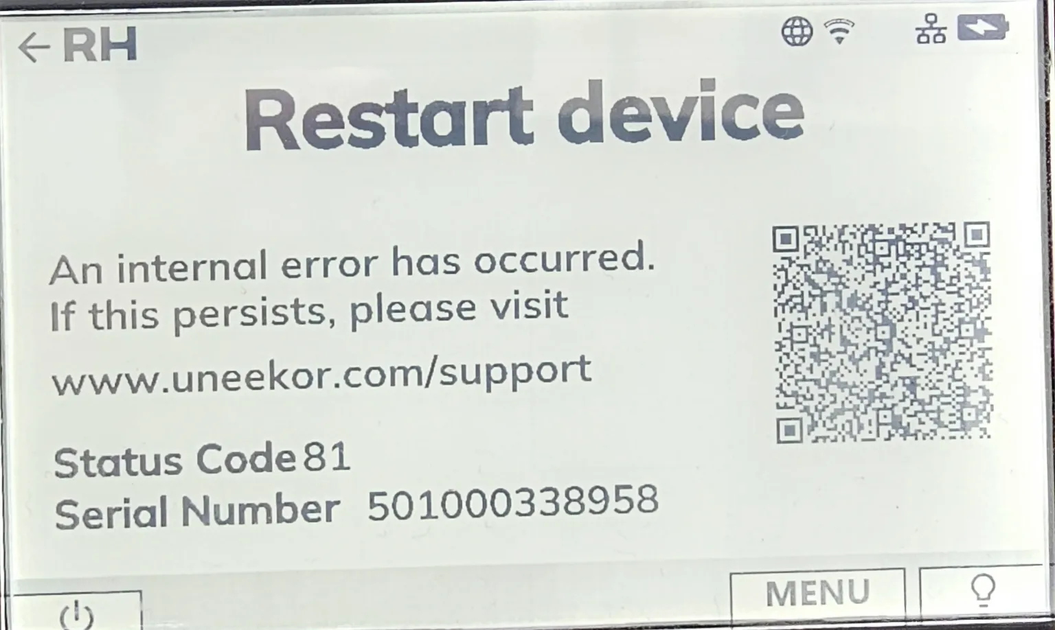 A digital screen displays a "Restart device" error message: "An internal error has occurred. If this persists, please visit www.uneekor.com/support. Status Code 81." A QR code is also visible.