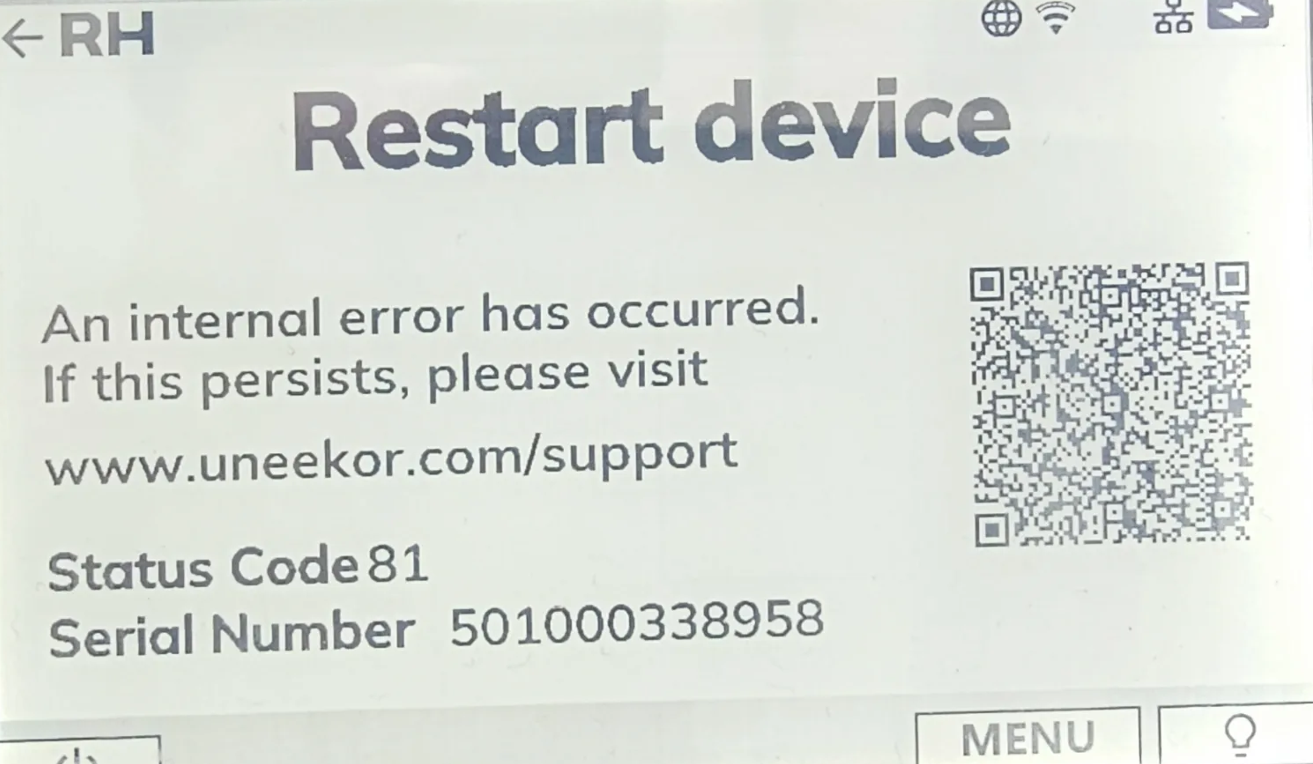 A digital screen displays a "Restart device" error message: "An internal error has occurred. If this persists, please visit www.uneekor.com/support. Status Code 81." A QR code is also visible.