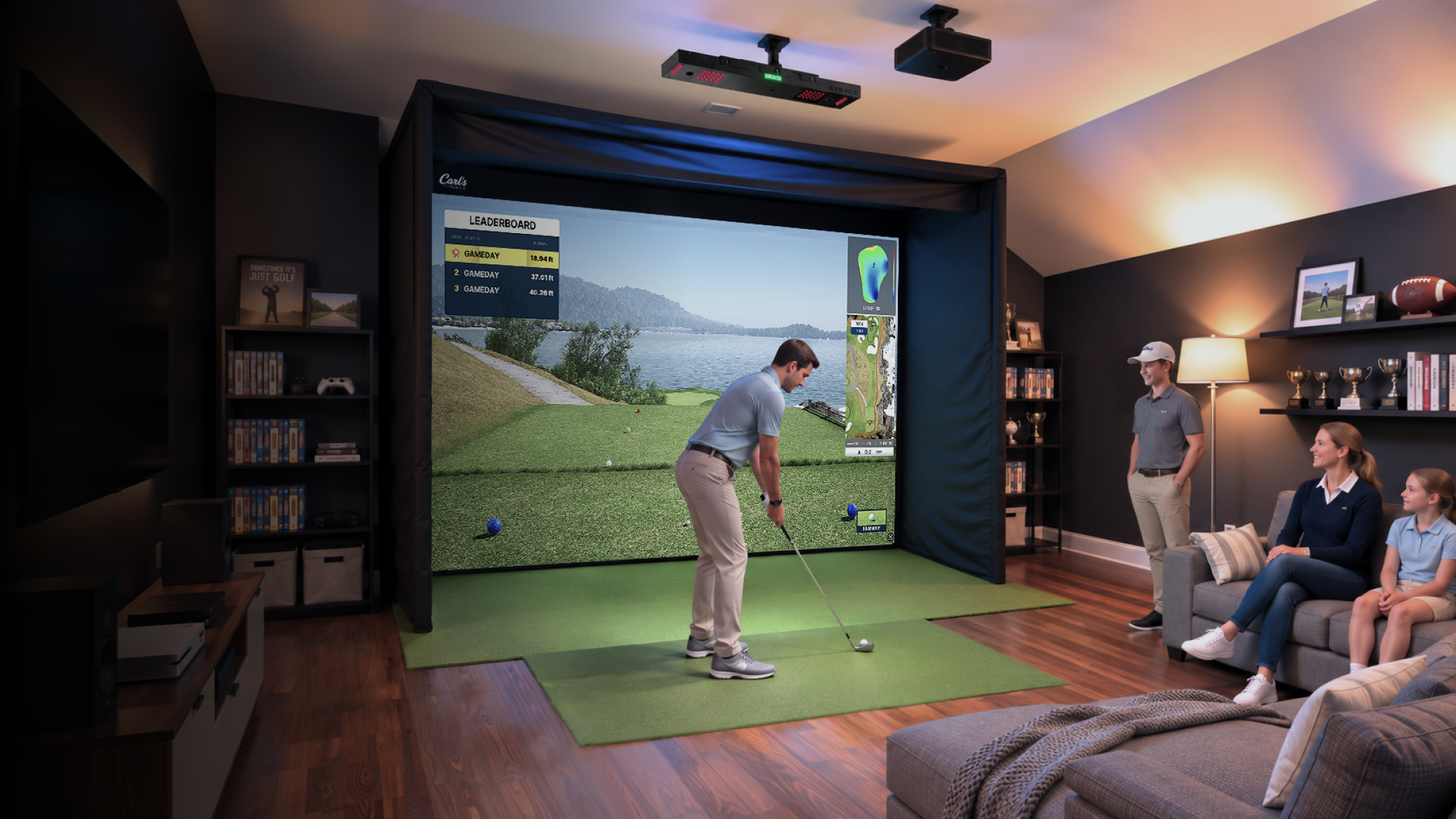 A man plays golf on a large indoor simulator screen while a family watches from a sofa.