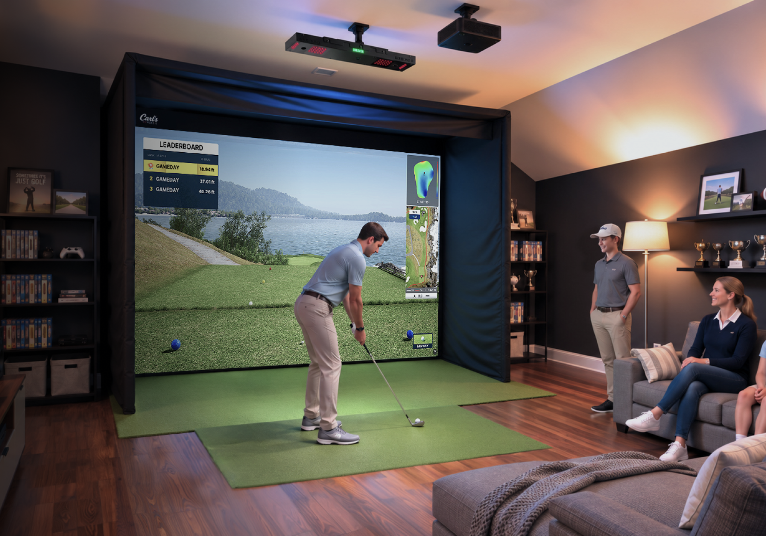 A man plays golf on a home simulator with a large screen, watched by a family on a sofa.