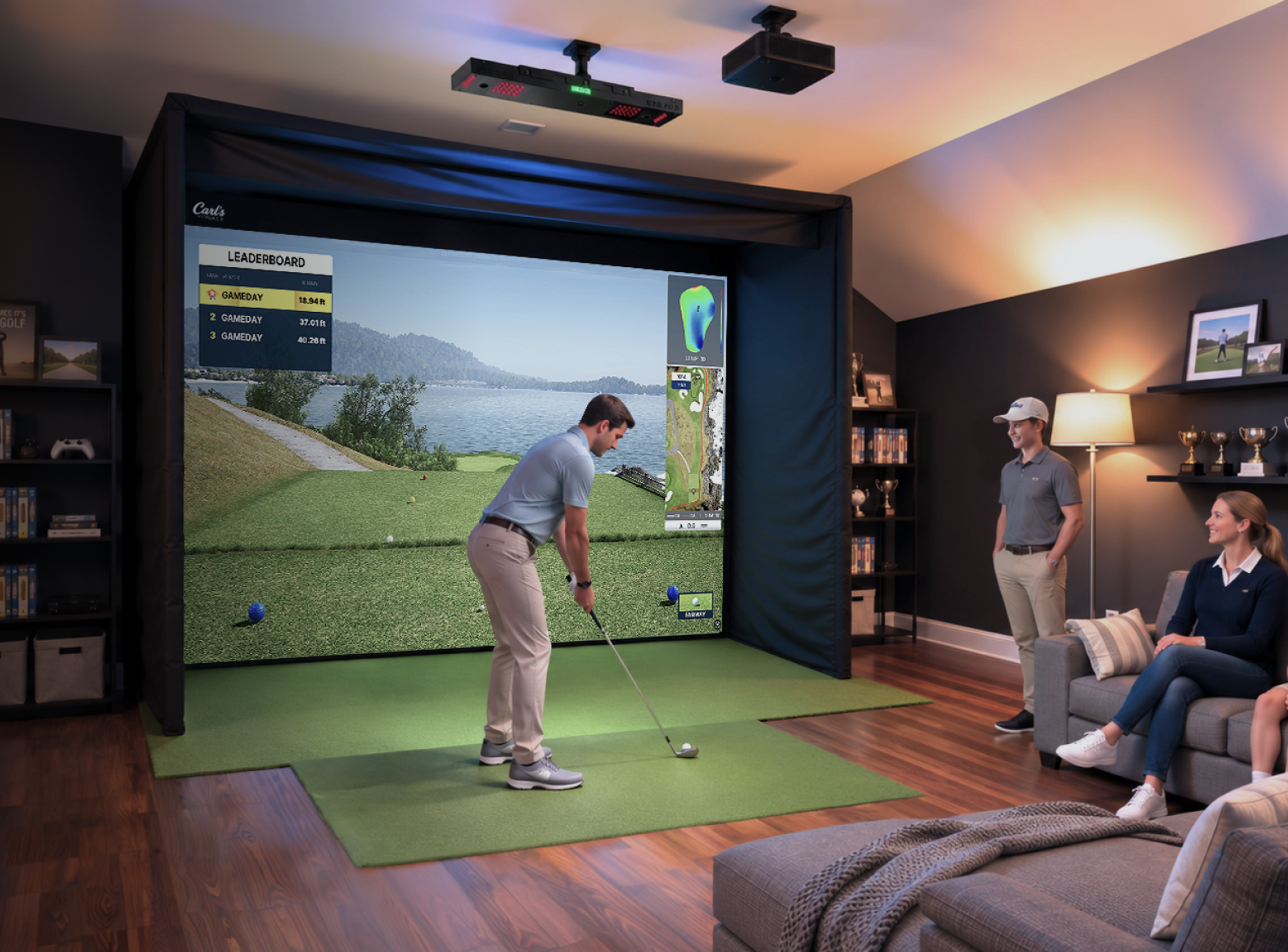 A man plays golf on a large indoor simulator screen while a family watches from a sofa.