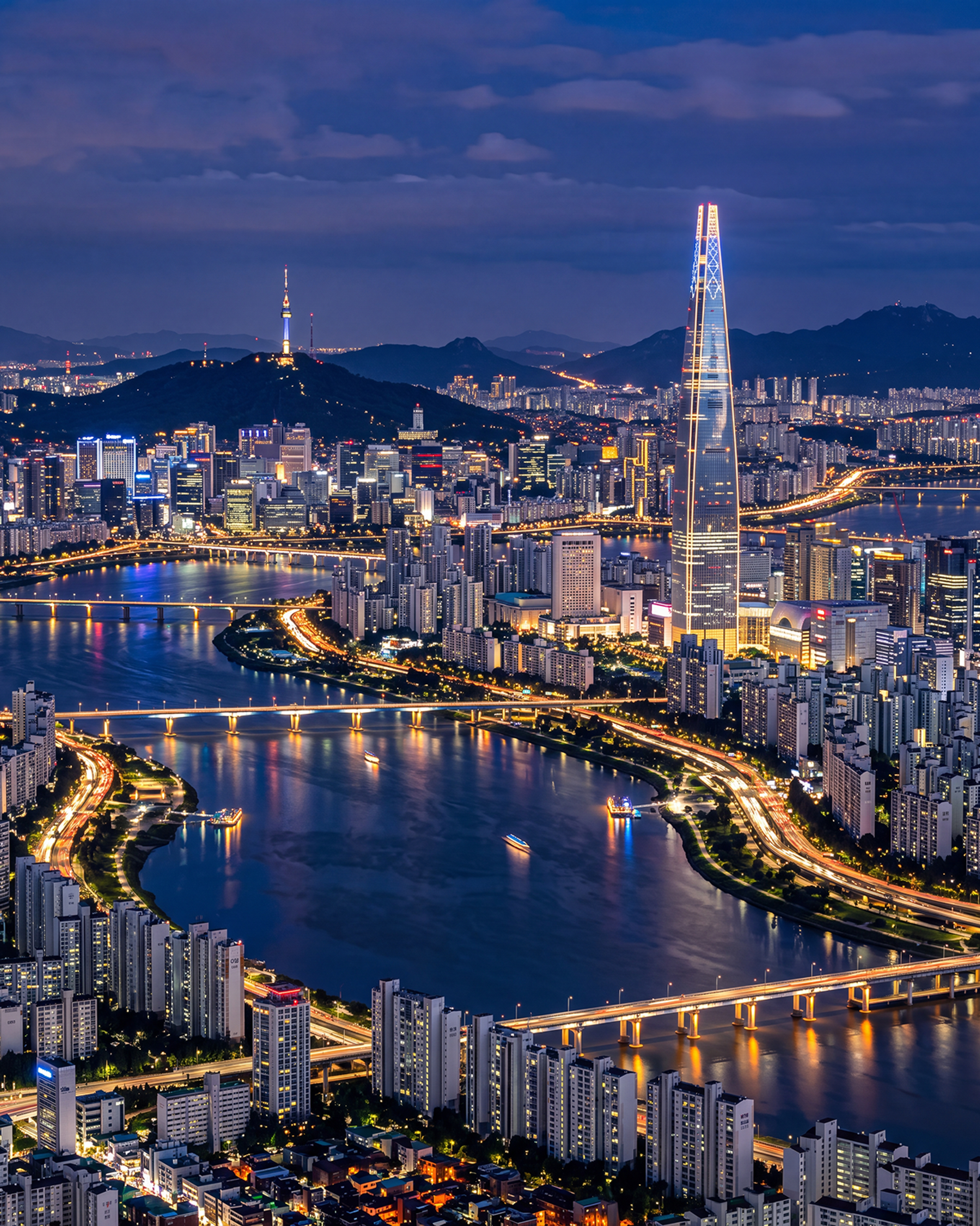Night aerial view of Seoul featuring the illuminated Lotte World Tower, the Han River, and bright bridges.