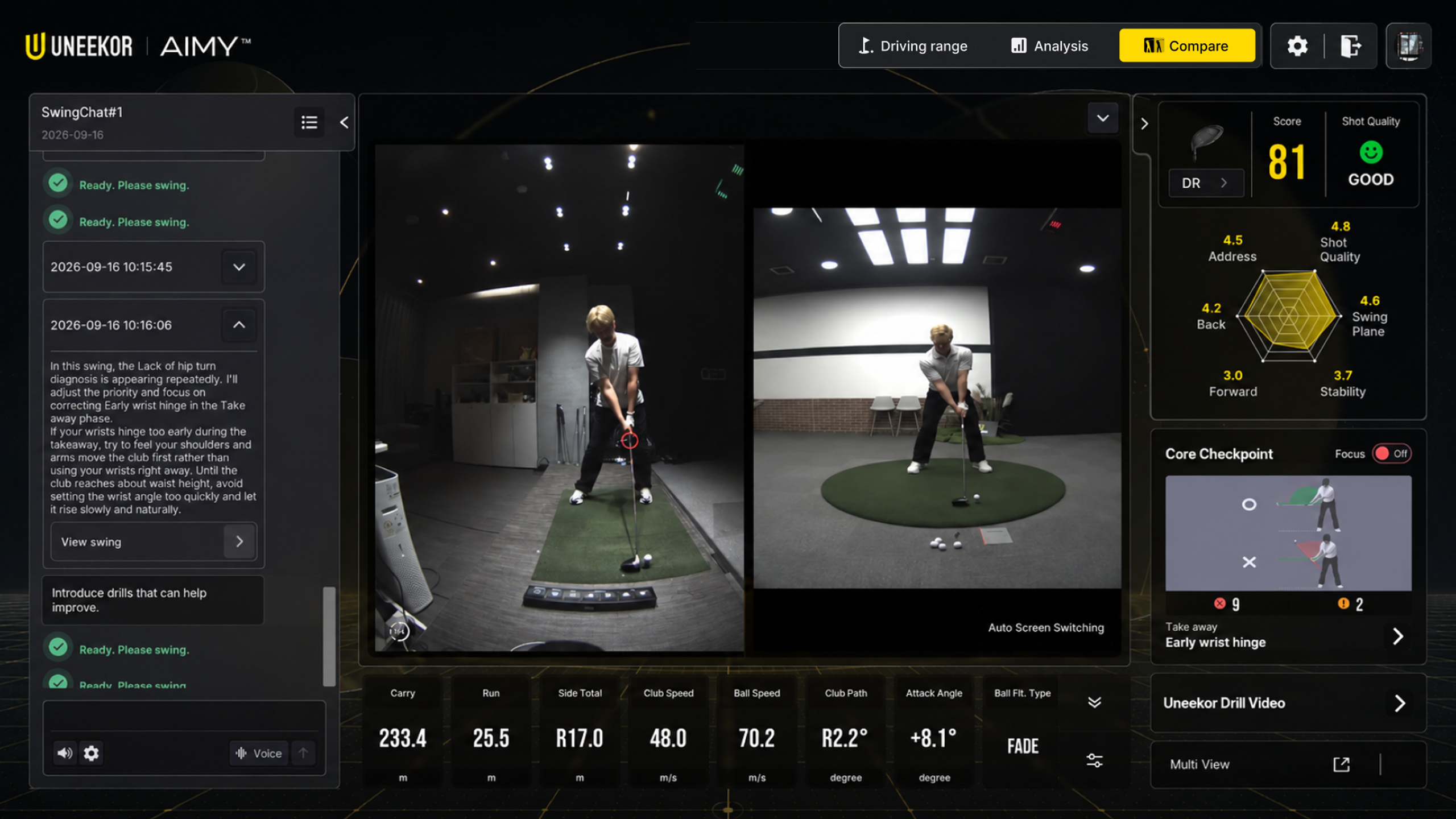 Golf swing analysis software interface showing two video frames of a golfer, a score of 81, a radar chart of swing metrics, and core checkpoint feedback.