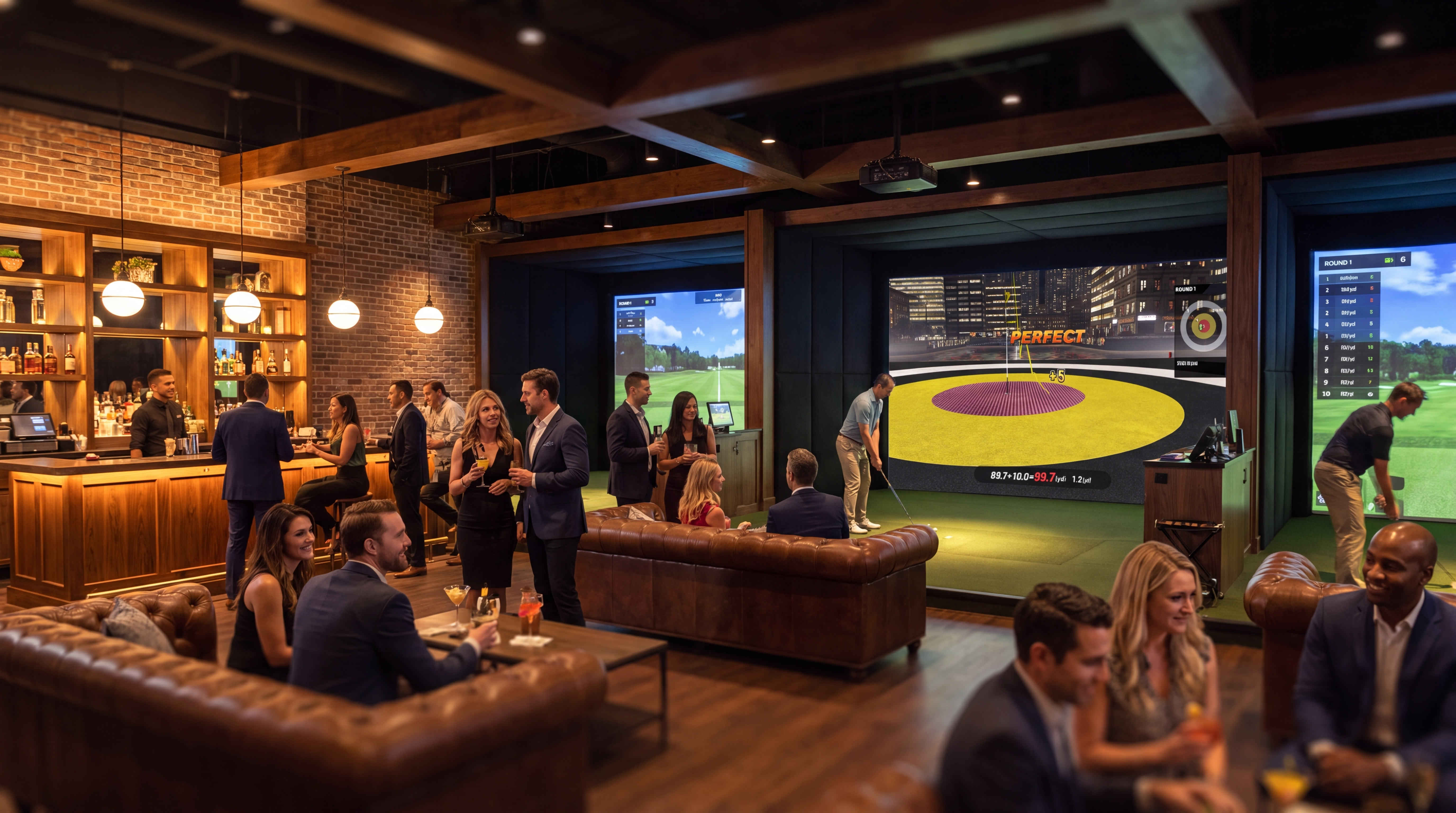 An upscale indoor golf simulator venue with a bar, lounge, and people playing golf.
