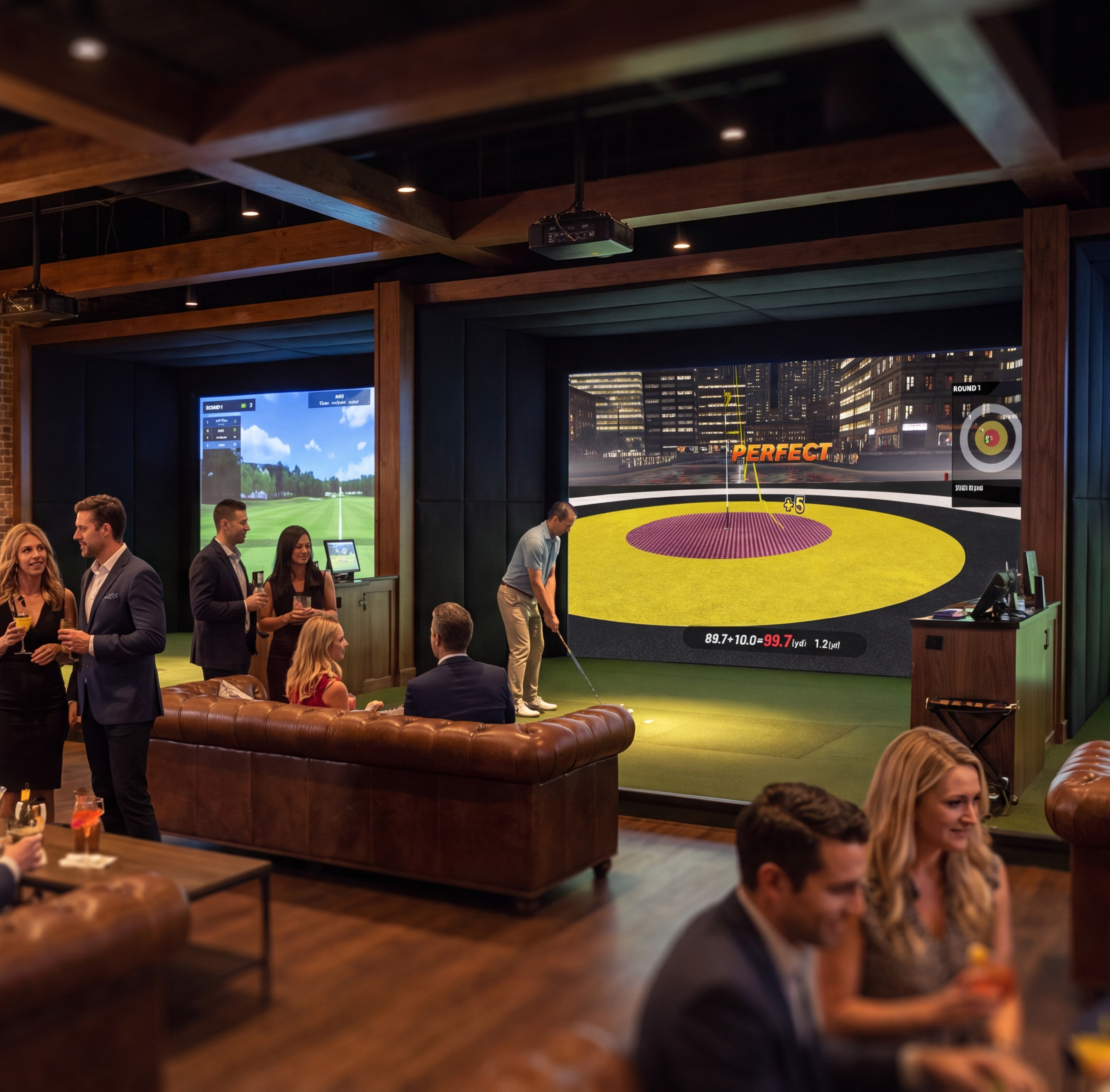 An upscale indoor golf simulator venue with a bar, lounge, and people playing golf.