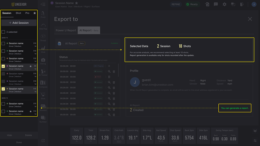 Uneekor golf software's AI Report export screen with 2 sessions and 18 shots selected for report generation.