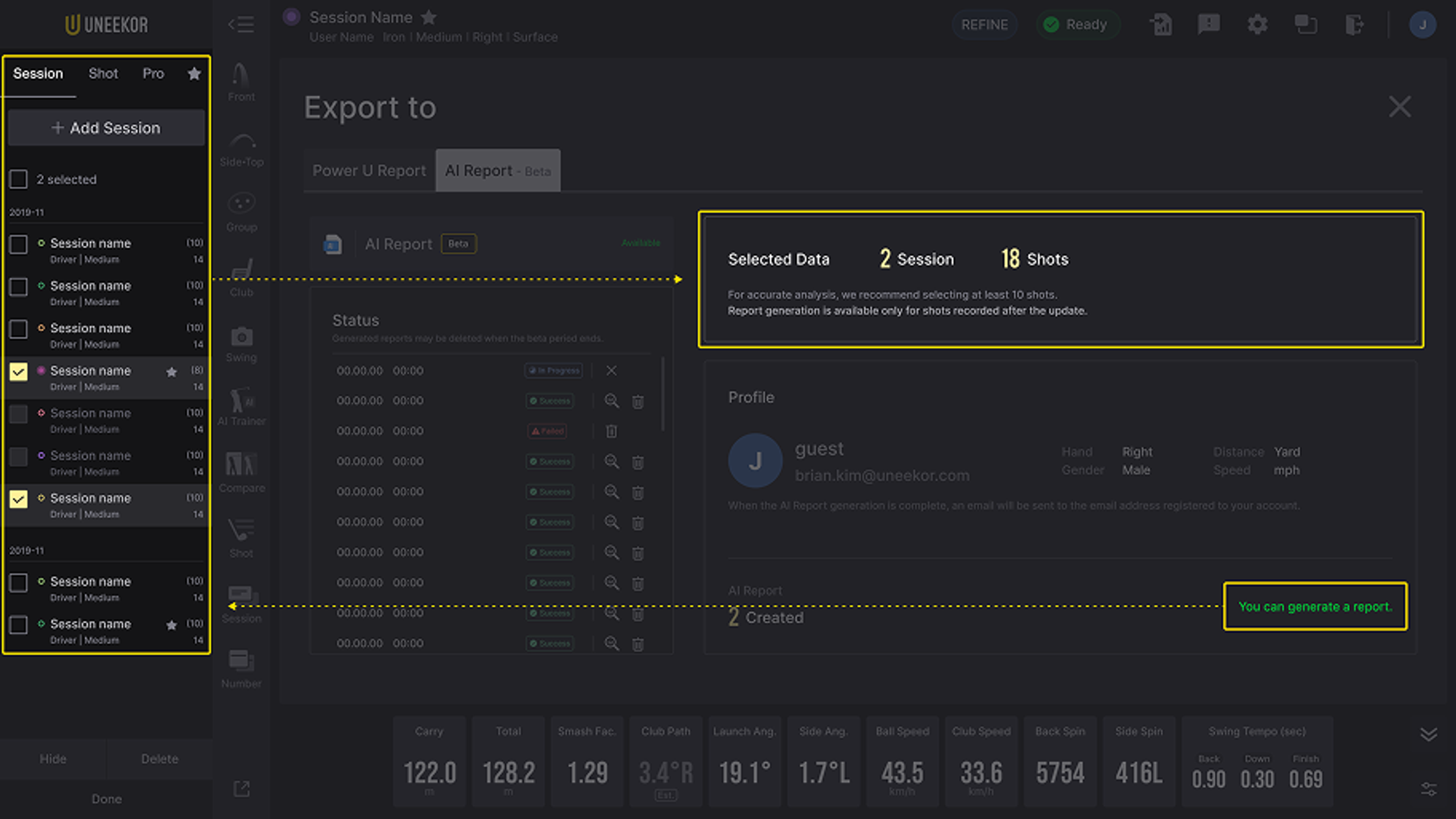 Uneekor golf software's AI Report export screen with 2 sessions and 18 shots selected for report generation.