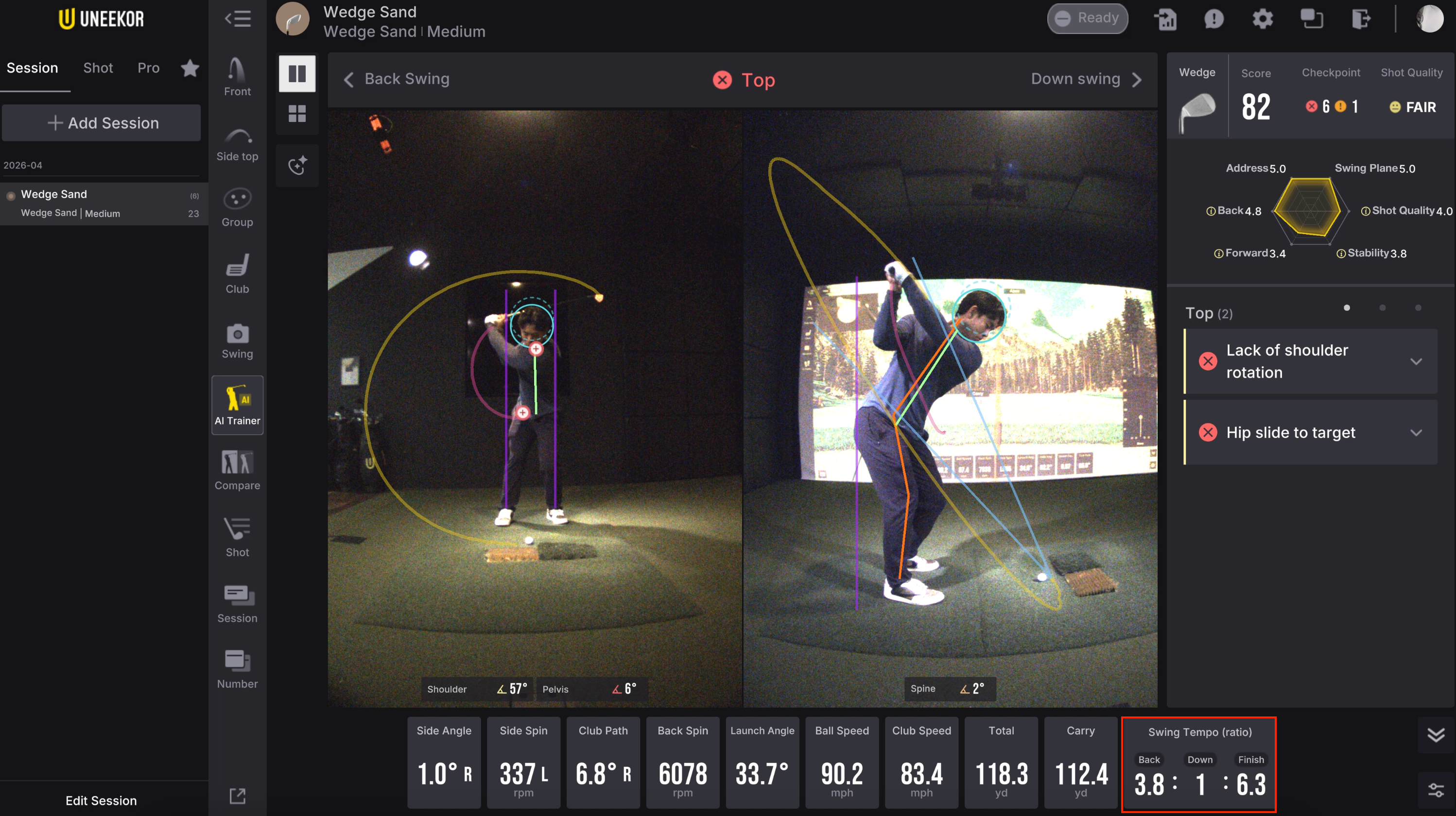 Golfsimulator mit Darstellung des Rück- und Abschwungs eines Golfers sowie grafischer Analyse und Leistungsdaten, einschließlich eines Schwungtempos von 3,8:1:6,3.