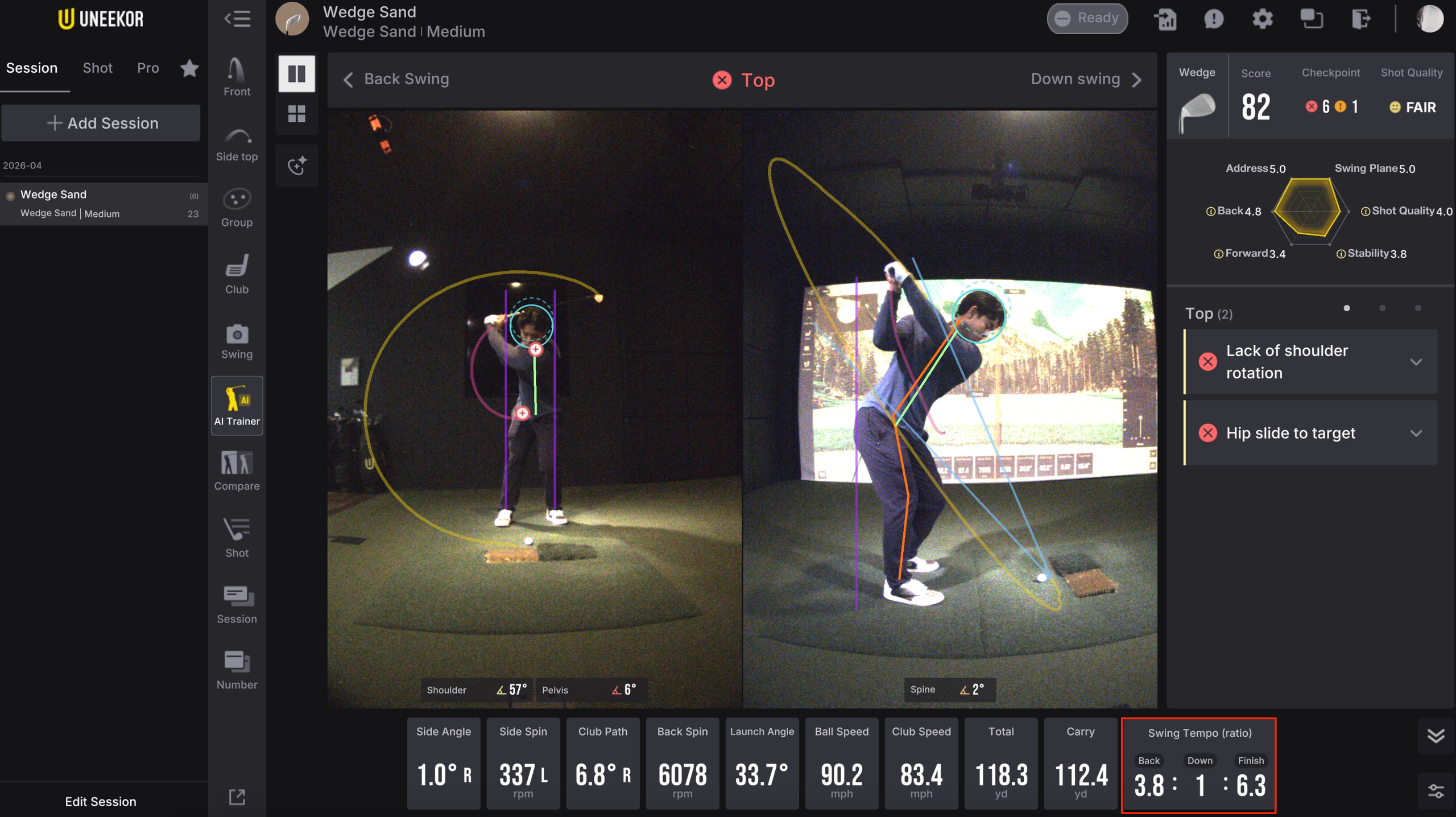 View software by Uneekor on a Golf simulator screen showing a golfer's swing analysis with motion tracking and highlighted swing tempo ratio 3.8:1:6.3.