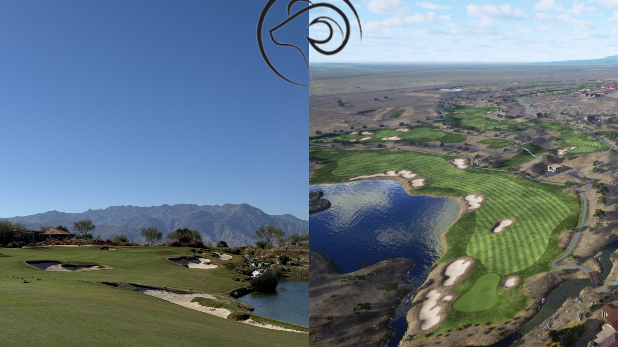 A split image features a real golf course on the left and a virtual golf course on the right, separated by a ram's head logo.