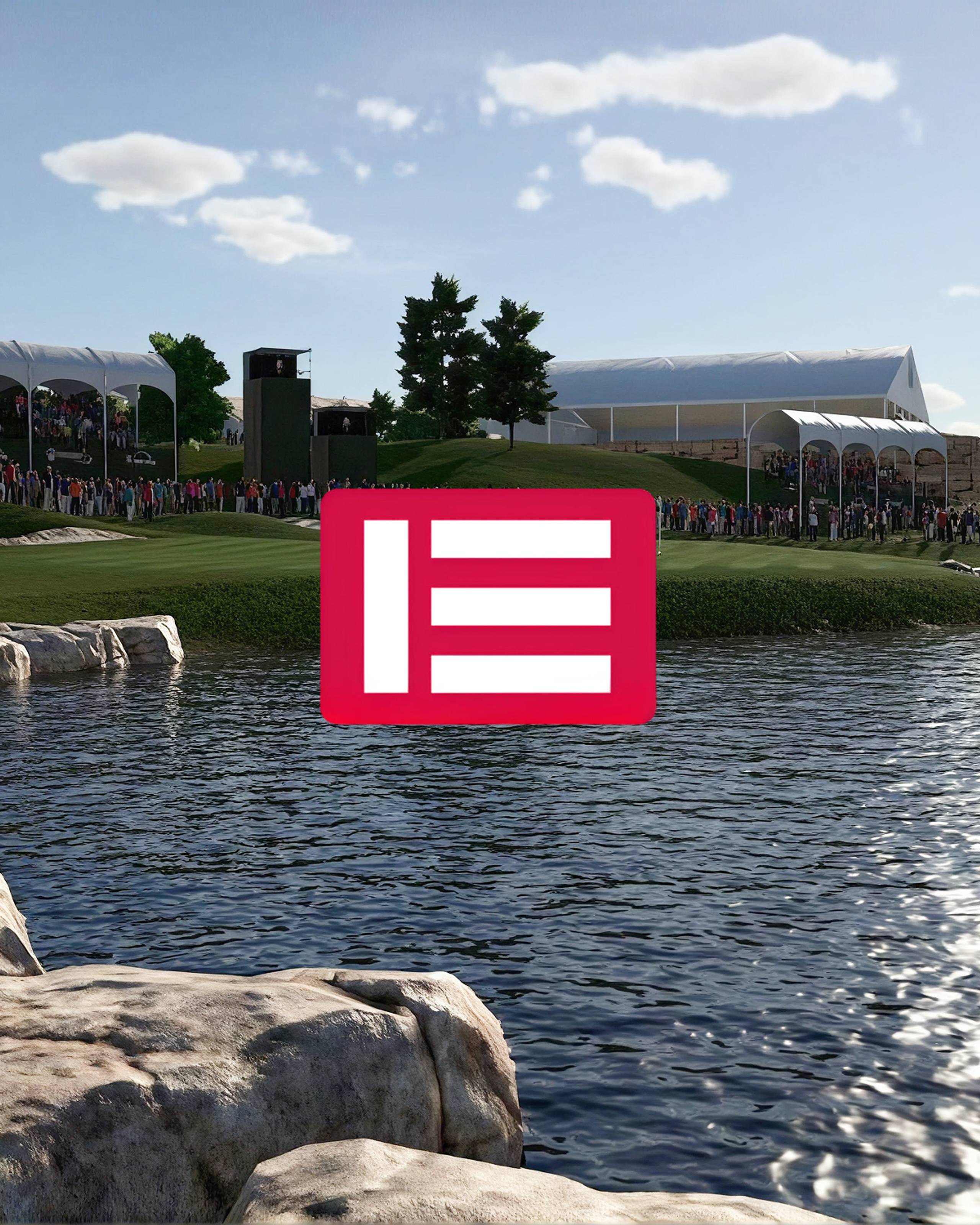 A golf course scene with a lake, crowds, and large tents, overlaid with a red square logo featuring white vertical and horizontal bars.