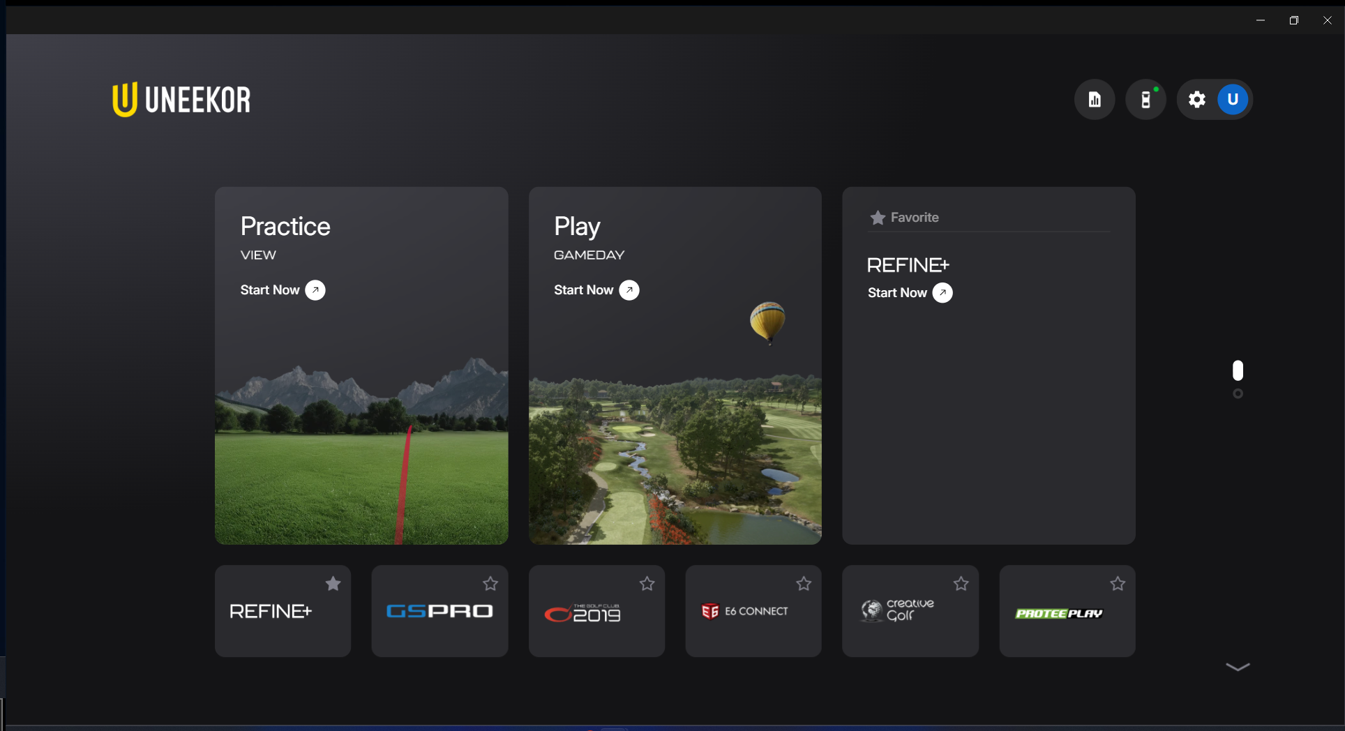 UNEEKOR Launchergolf simulator software interface displaying options for Practice, Play, and integrated golf programs.