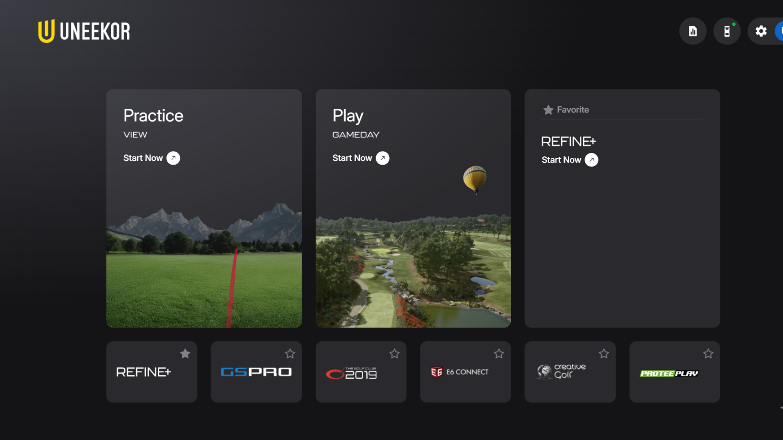 UNEEKOR Launchergolf simulator software interface displaying options for Practice, Play, and integrated golf programs.