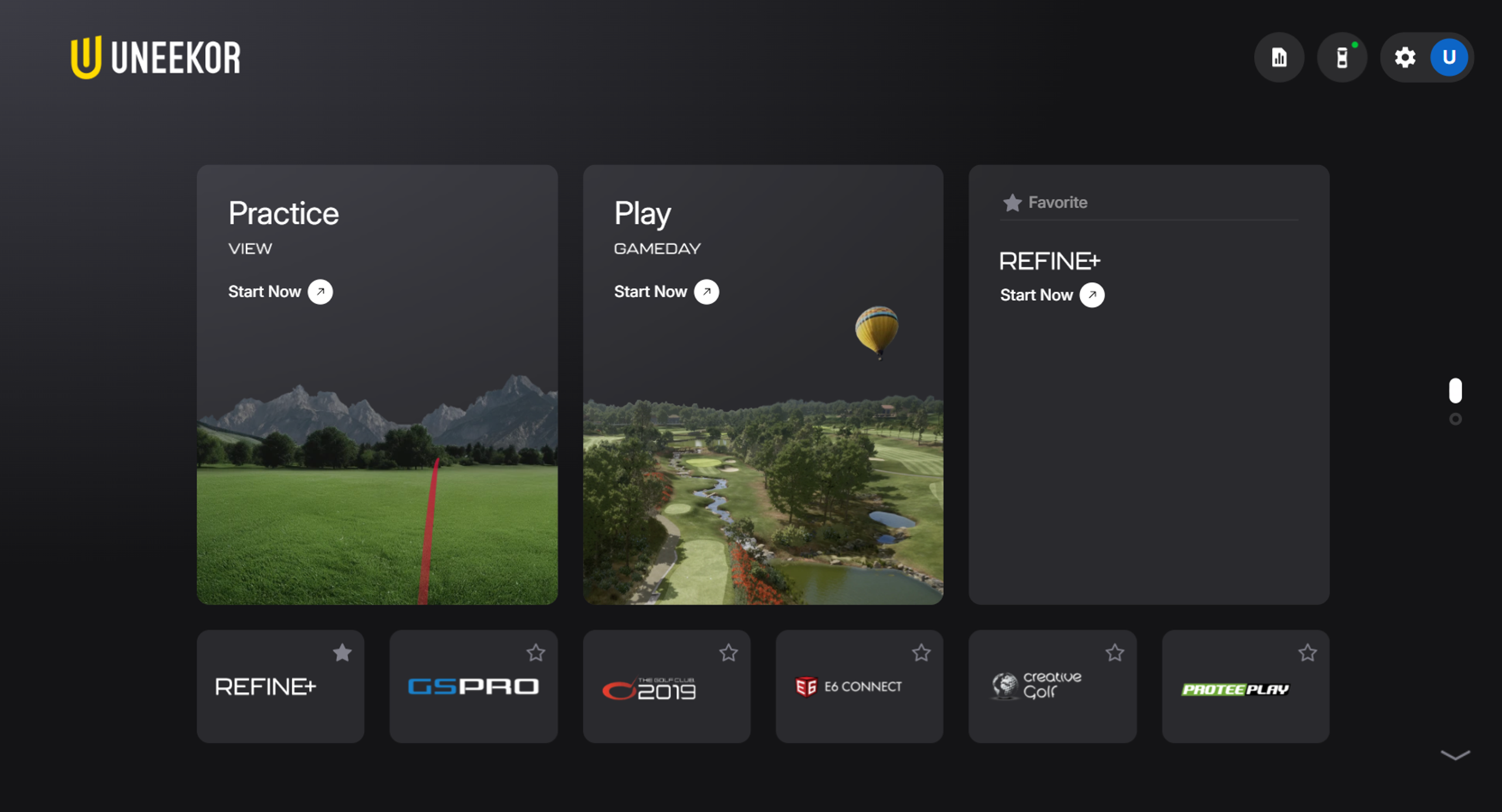 UNEEKOR Launchergolf simulator software interface displaying options for Practice, Play, and integrated golf programs.