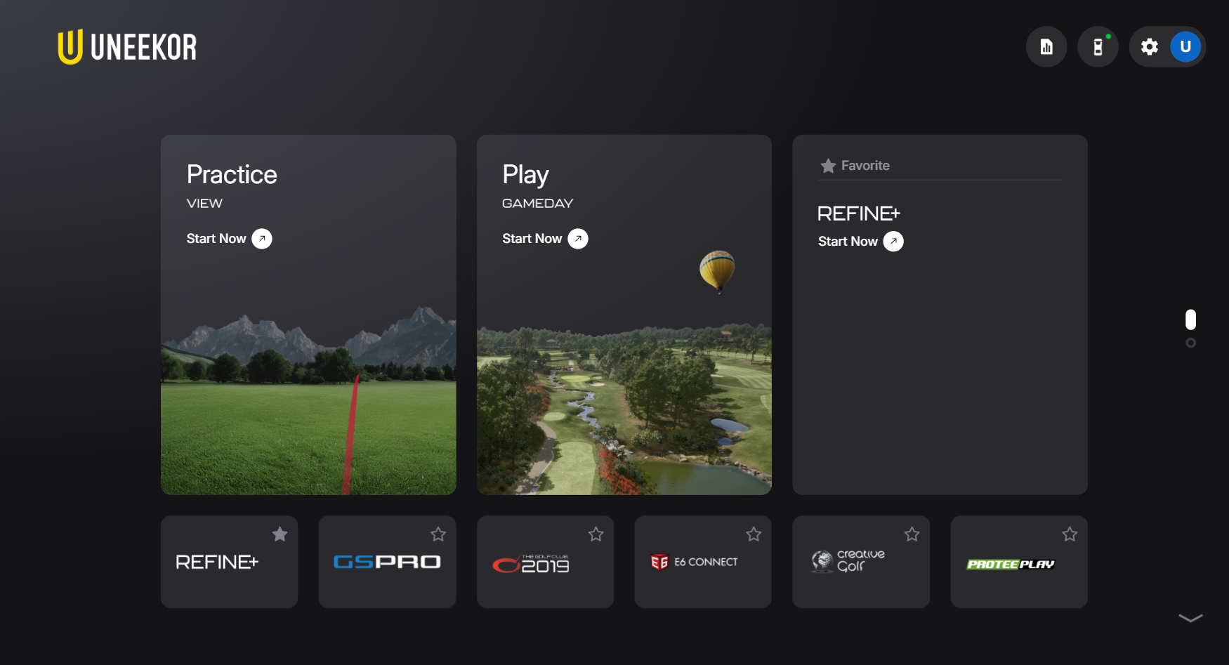 UNEEKOR Launchergolf simulator software interface displaying options for Practice, Play, and integrated golf programs.