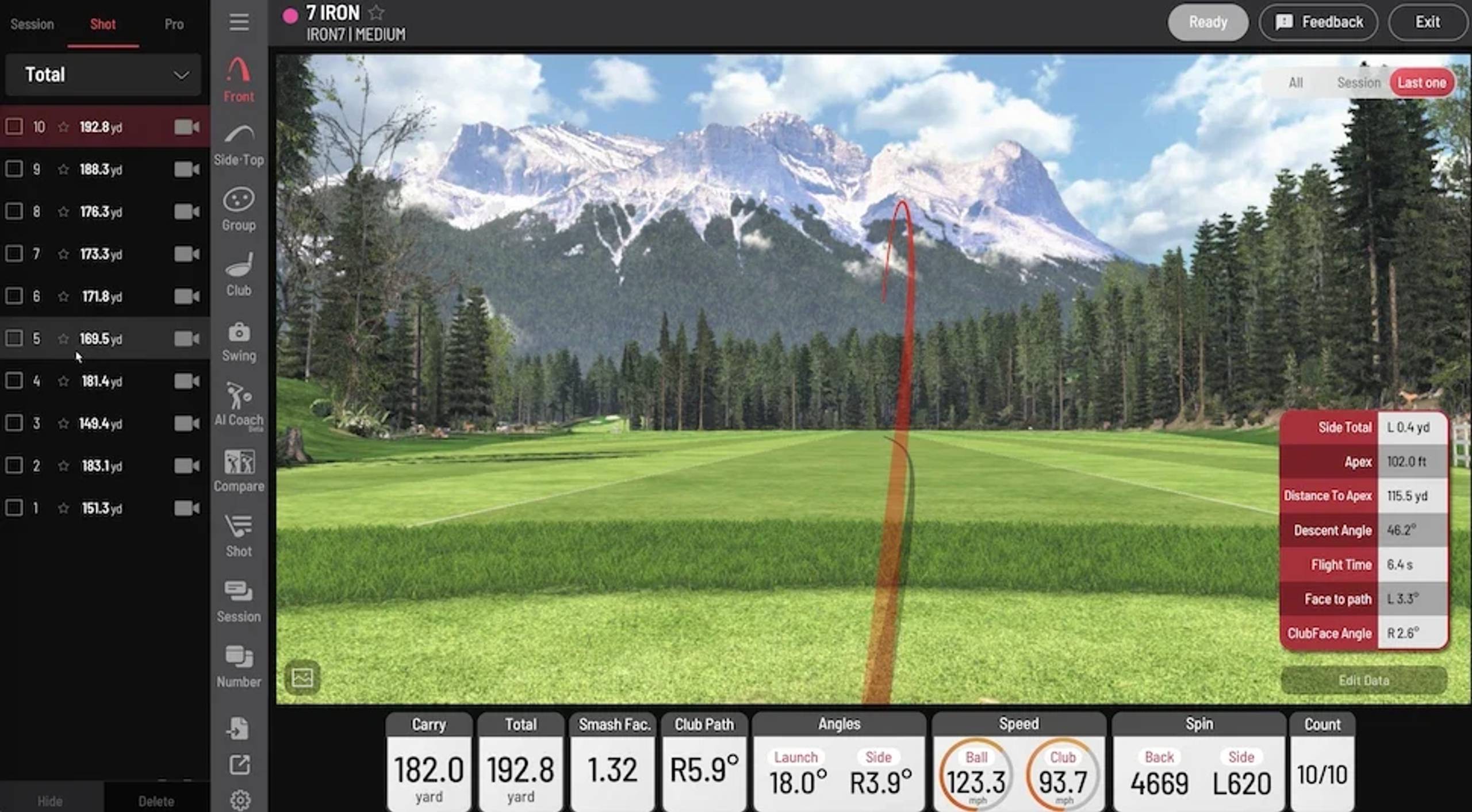 Golf simulator screen displaying a shot trajectory over a scenic golf course with detailed performance metrics.