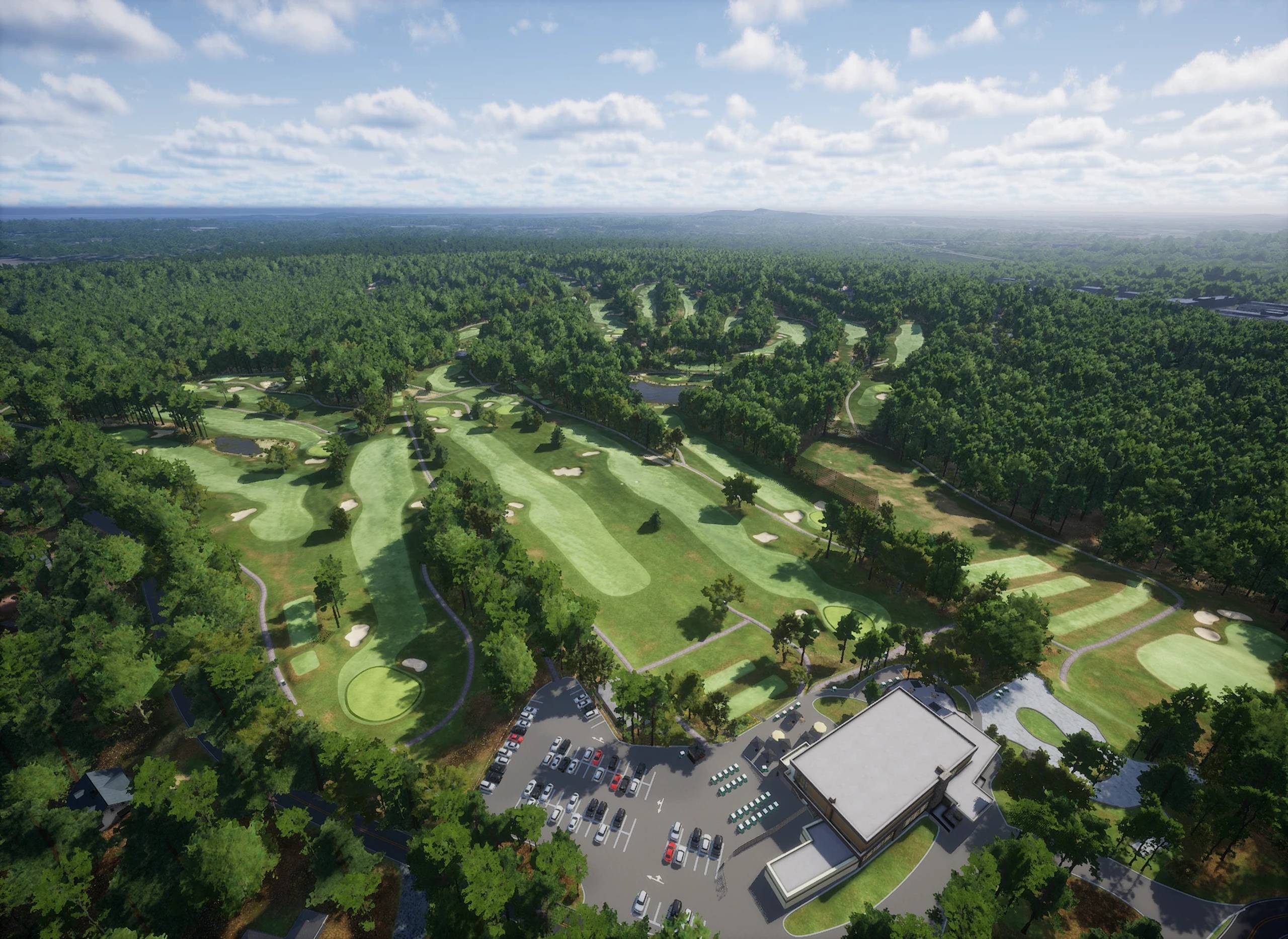 Aerial view of a large golf course set within a dense forest, with a clubhouse and parking lot.