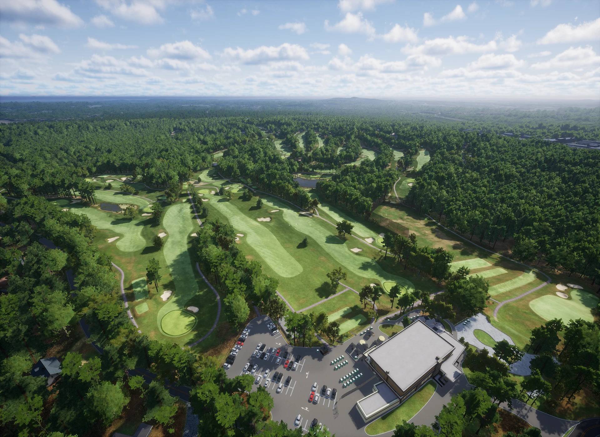 Aerial view of a large golf course set within a dense forest, with a clubhouse and parking lot.
