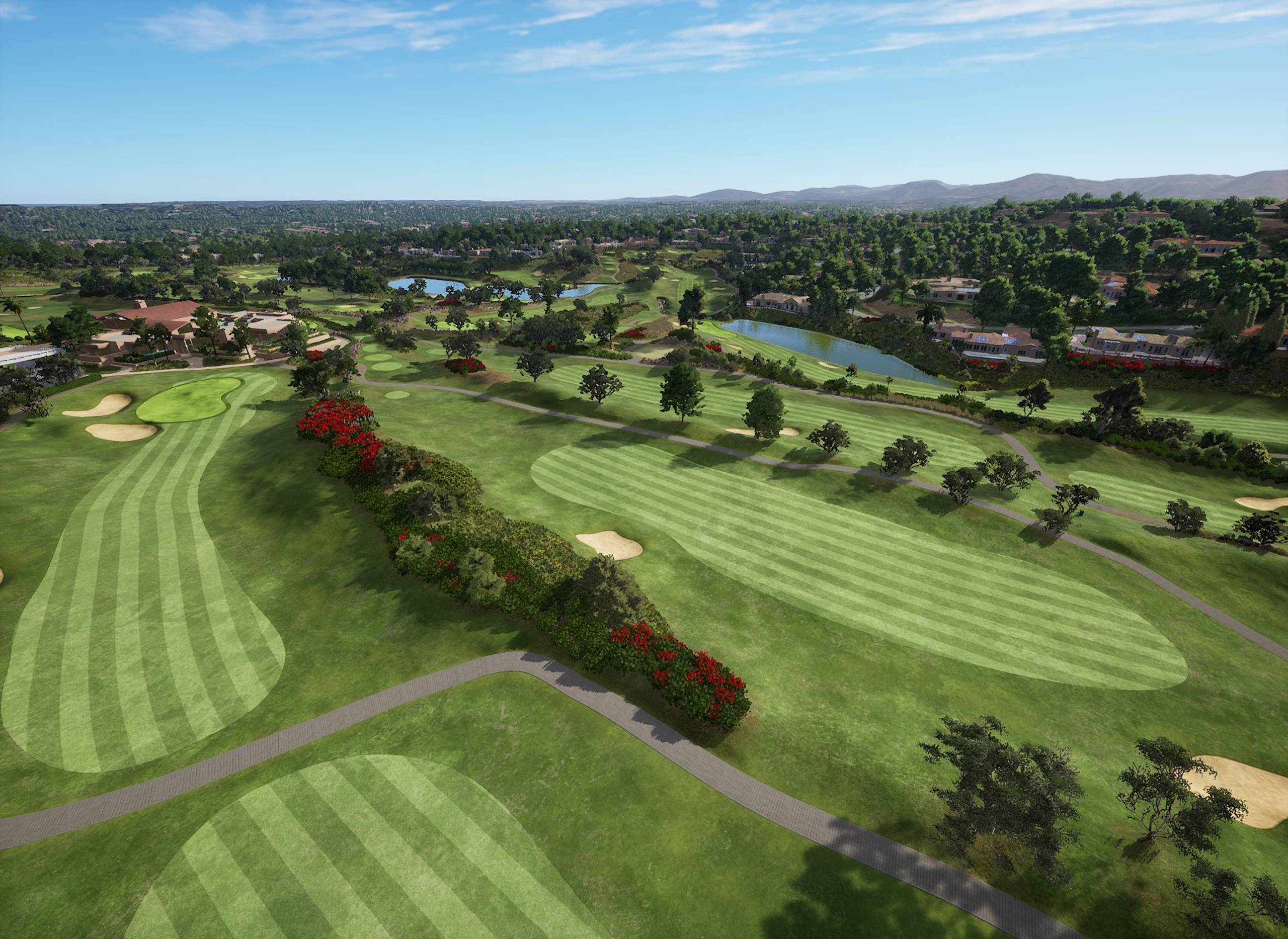 Aerial view of a lush golf course with fairways, bunkers, water hazards, and residential buildings.