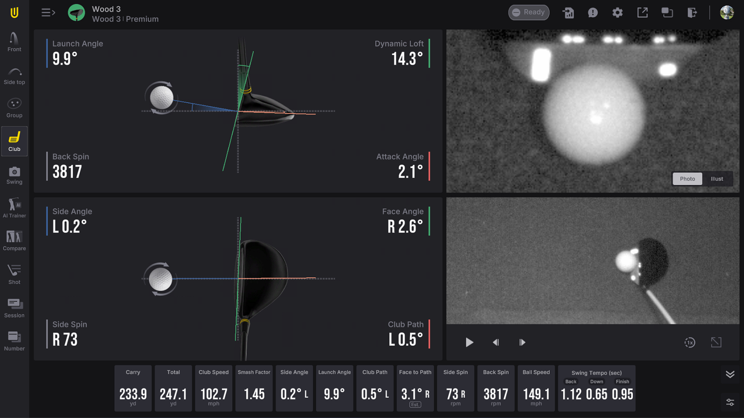 Golf swing analysis software showing club and ball impact diagrams, launch data, and slow-motion video playback.