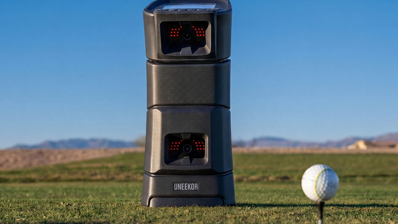 A dark gray UNEEKOR golf launch monitor stands on a golf course next to a golf ball on a tee under a clear blue sky.