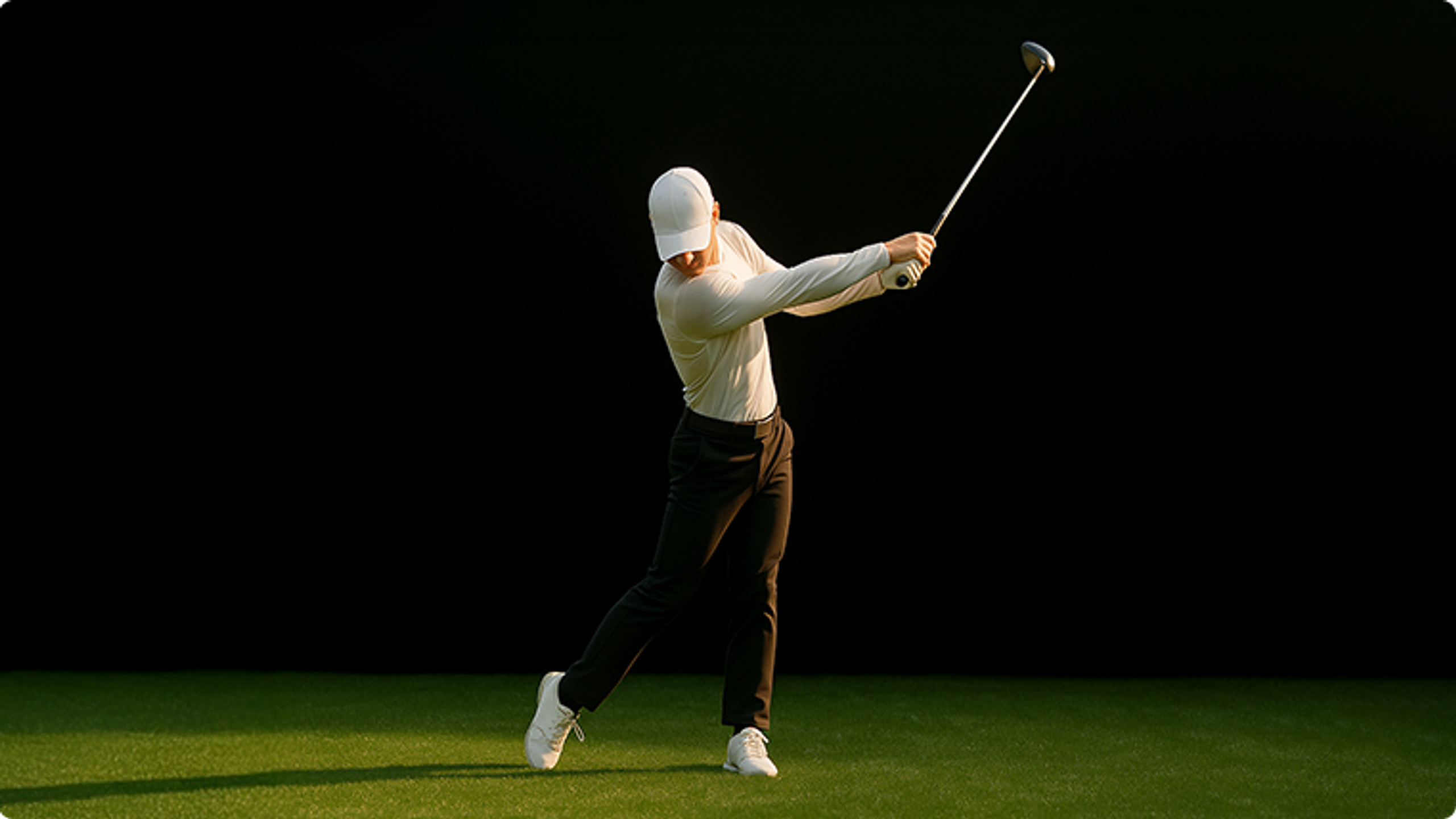 A golfer in a white cap and shirt mid-swing on green grass.
