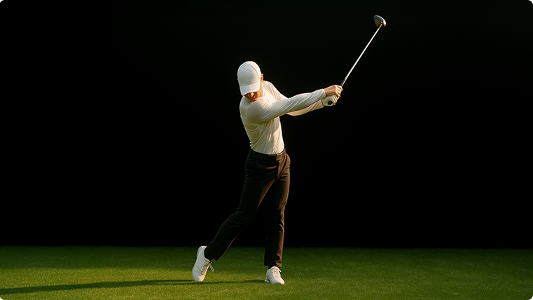 A golfer in a white cap and shirt mid-swing on green grass.