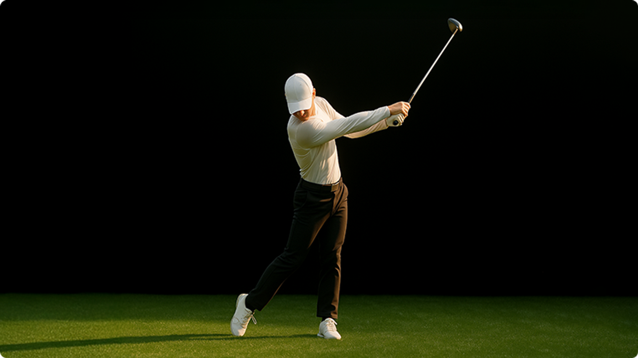 A golfer in a white cap and shirt mid-swing on green grass.
