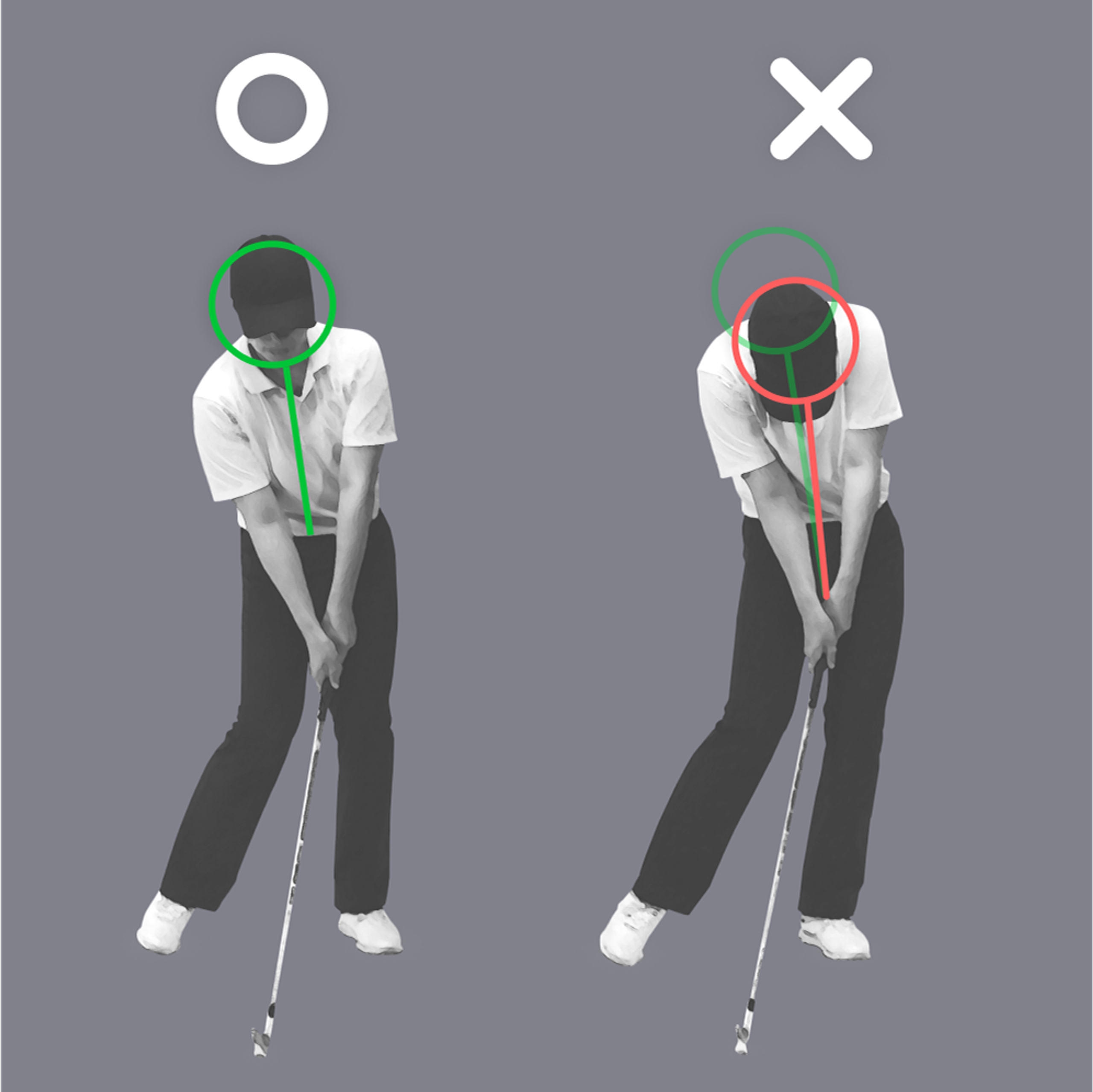 Two golfers demonstrating correct (left) and incorrect (right) putting posture with spine and neck alignment guides.